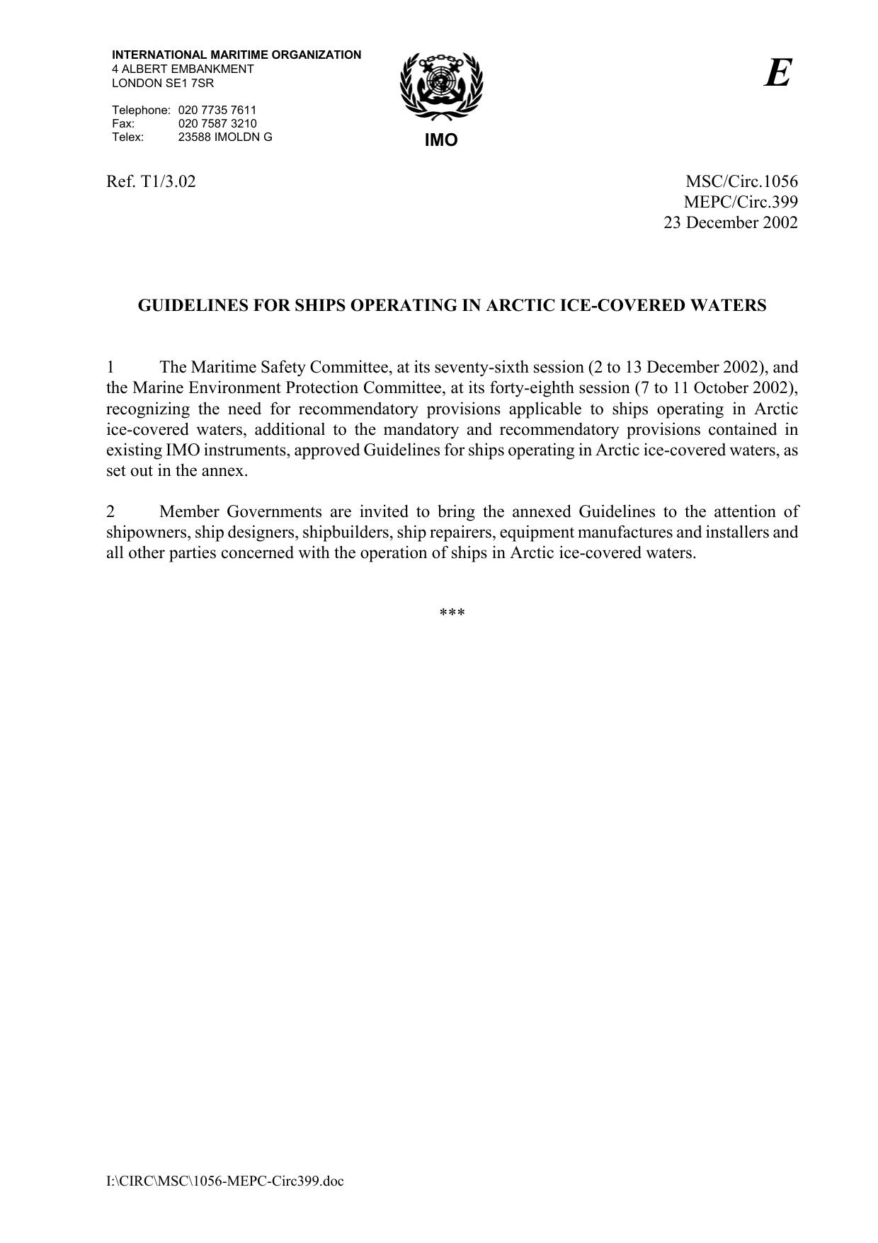 MSC.Circ.1056-Mepc.Circ.399 - Guidelines for Ships Operating in Arctic Ice-Covered Waters by Unknown