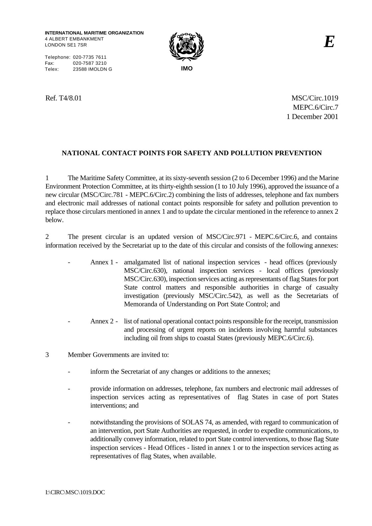 MSCCirc.1019 - MEPC.6Circ.7 - National Contact Points for Safety and Pollution Prevention by R4S