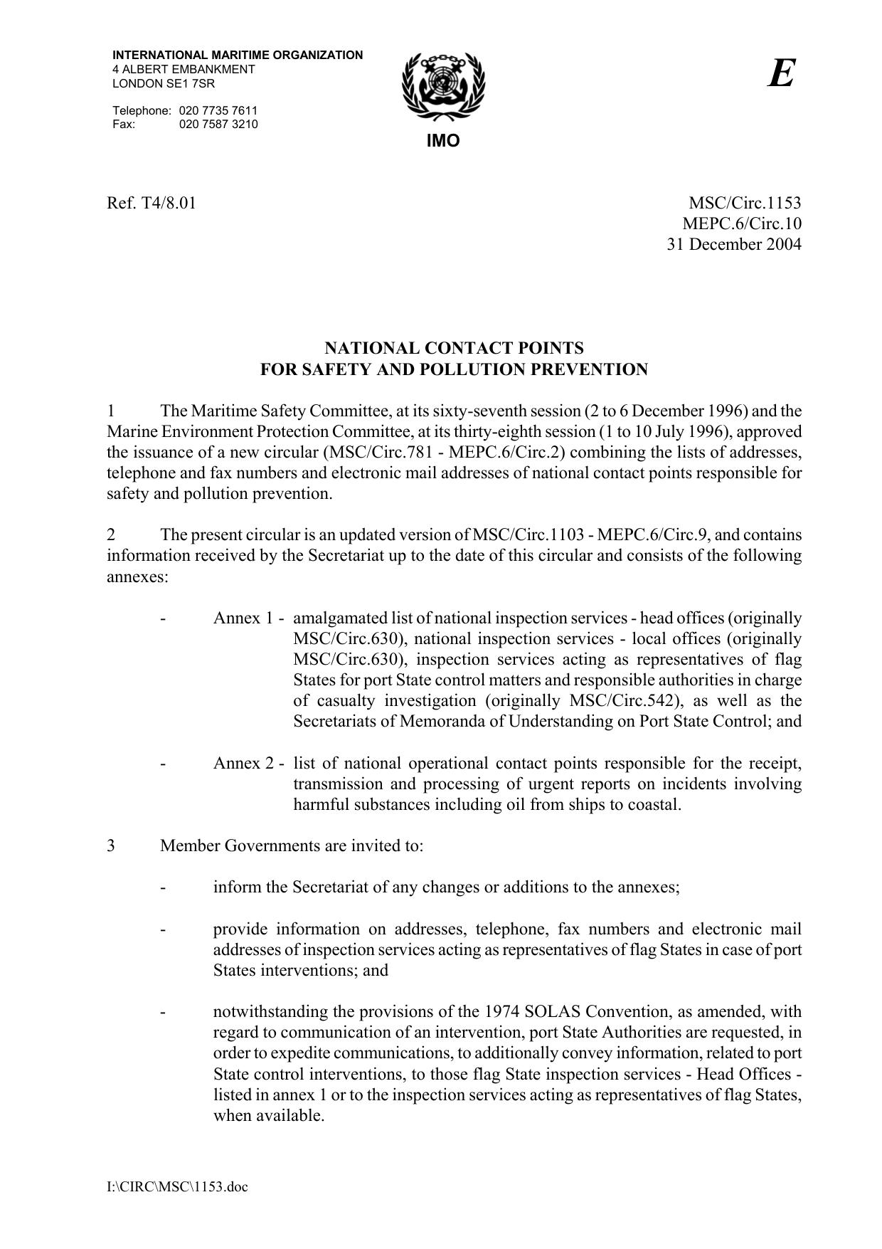 MSCCirc.1153MEPC.6Circ.10 - National Contact Points for Safety and Pollution Prevention by Unknown