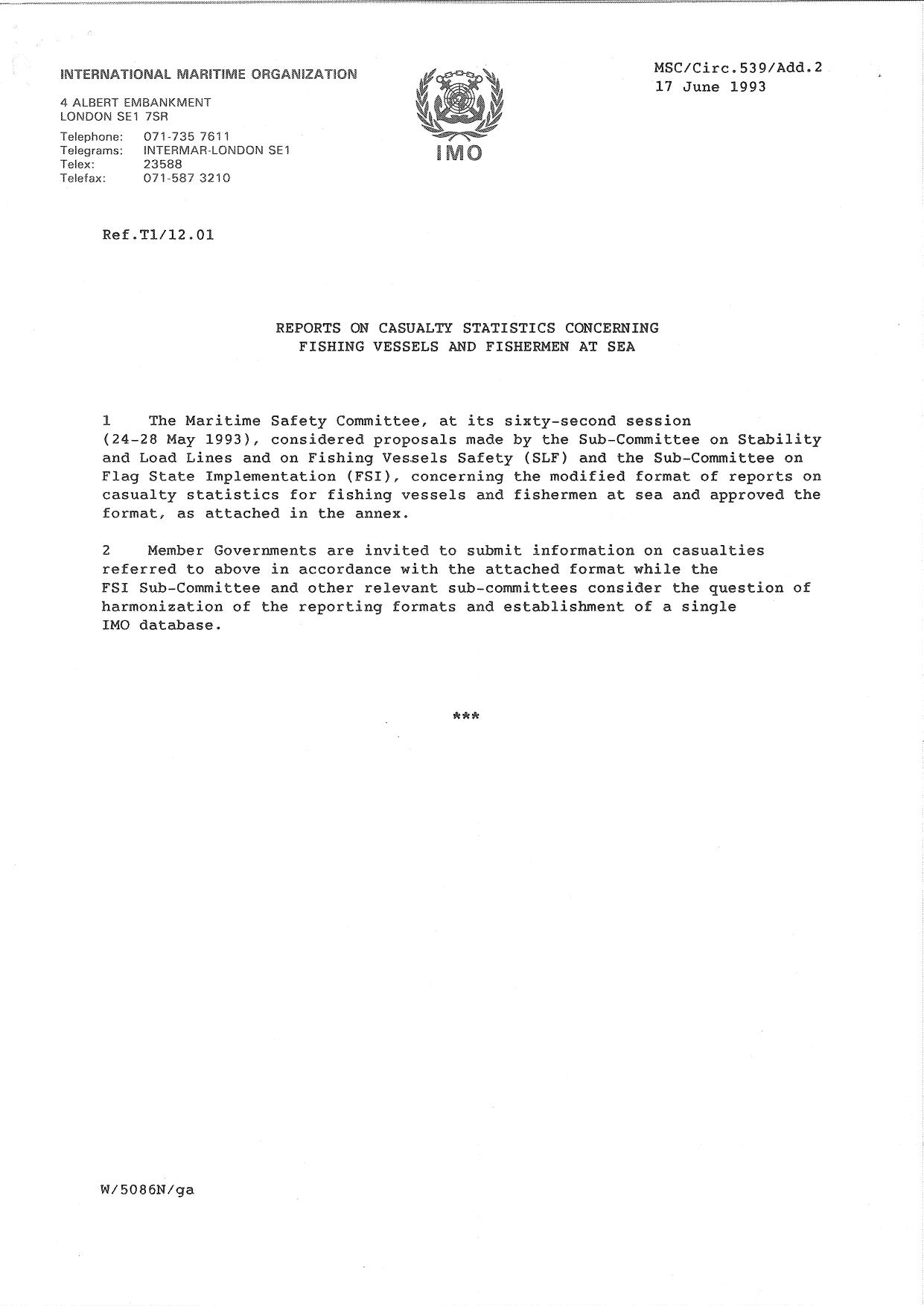 MSCCirc.539Add.2 - Reports on Casualty Statistics Concerning Fishing Vessels and Fishermen at Sea by Docs