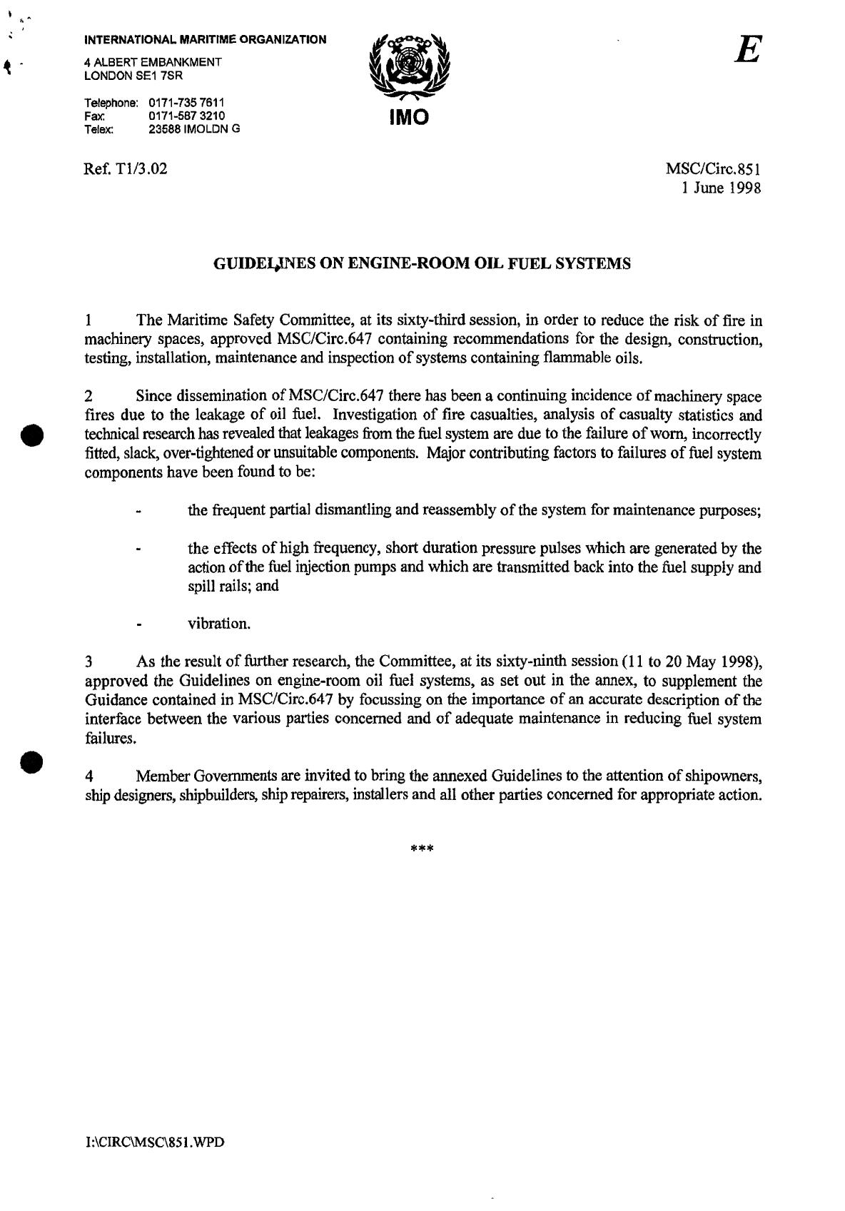 MSCCirc.851 - Guidelines on Engine-Room Oil Fuel System by Redistributed by Regs4ships Ltd