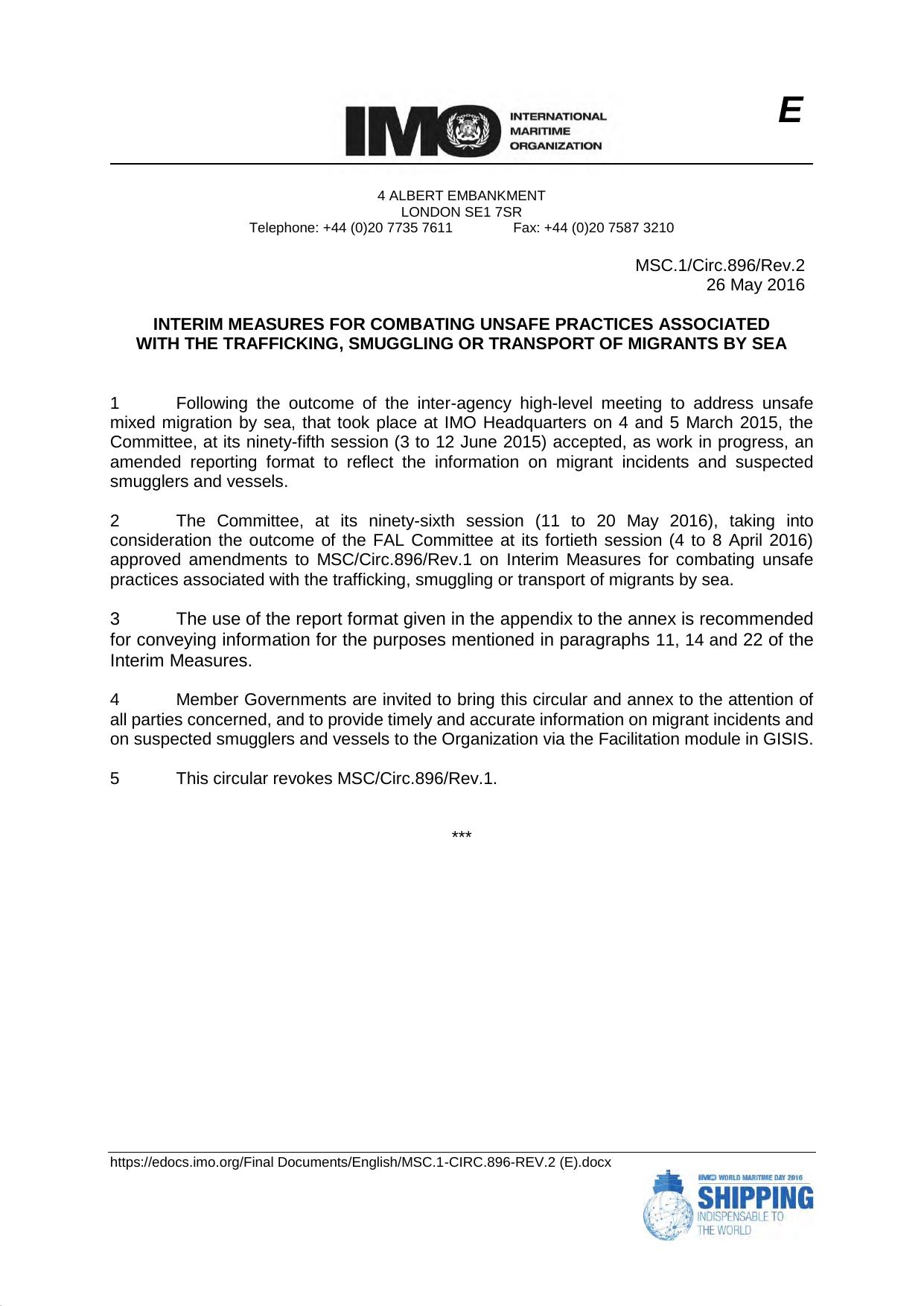 MSCCirc.896 Rev.2 - Interim Measures for Combating Unsafe Practices Associated with the Trafficking or Transport of Migrants by Sea by Julian Abril Garcia
