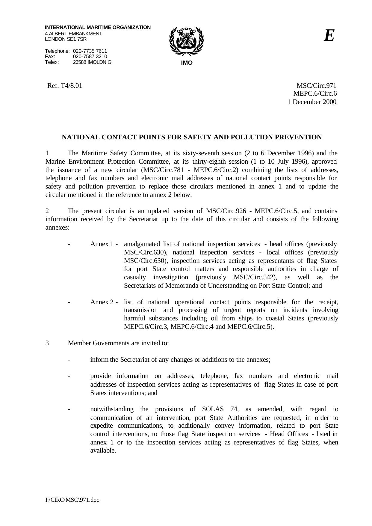 MSCCirc.971 National contact points for safety and pollution prevention by R4S