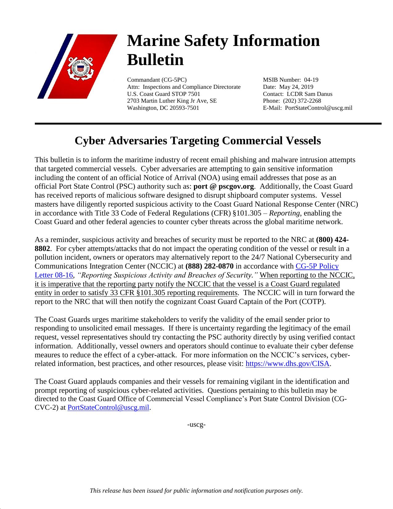 MSIB 04-19 - Cyber Adversaries Targeting Commercial Vessels by Redistributed by Regs4ships Ltd