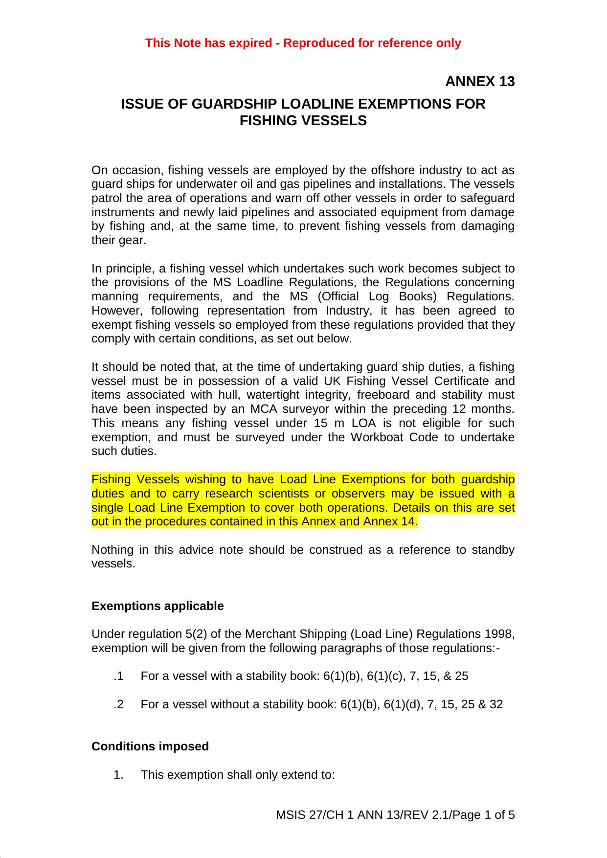 MSIS 27 - Fishing Vessels - Chapter 1 - Annex 13 - Issue of Guardship Loadline Exemptions for Fishing Vessels Revision 2.1 by Redistributed by Regs4ships Ltd