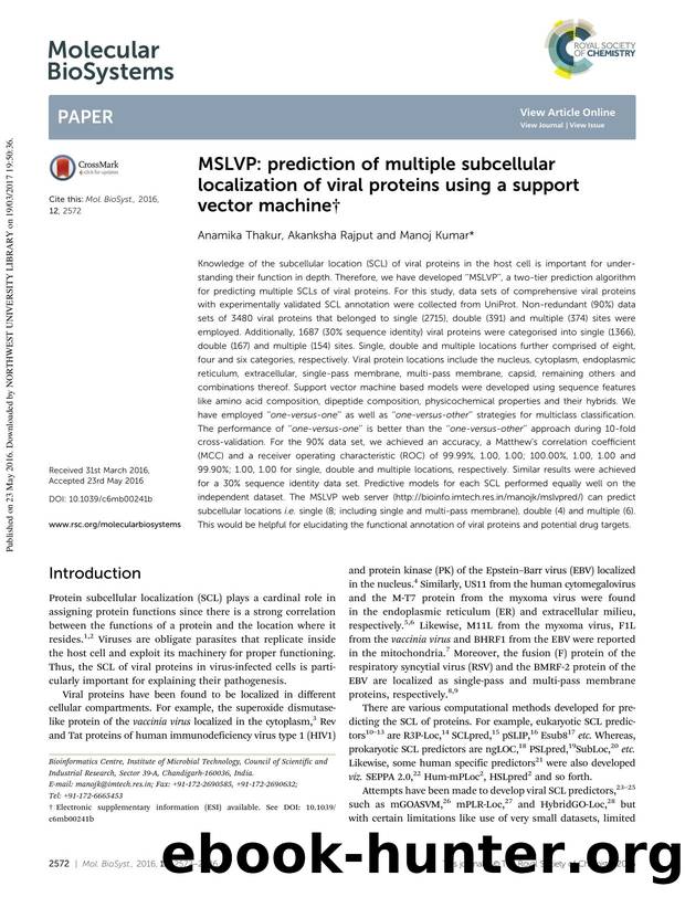 MSLVP: prediction of multiple subcellular localization of viral proteins using a support vector machine by Anamika Thakur & Akanksha Rajput & Manoj Kumar