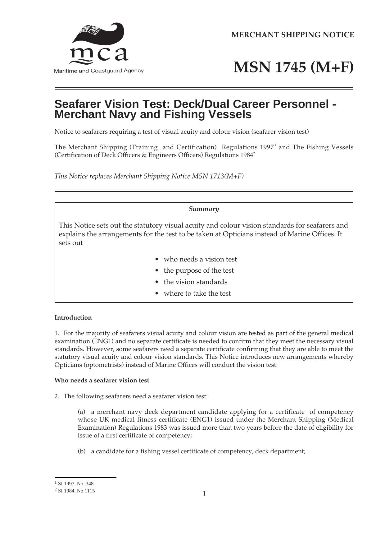 MSN 1745 (M+F) Seafarer Vision Test: DeckDual Career Personnel - Merchant Navy and Fishing Vessels by 8