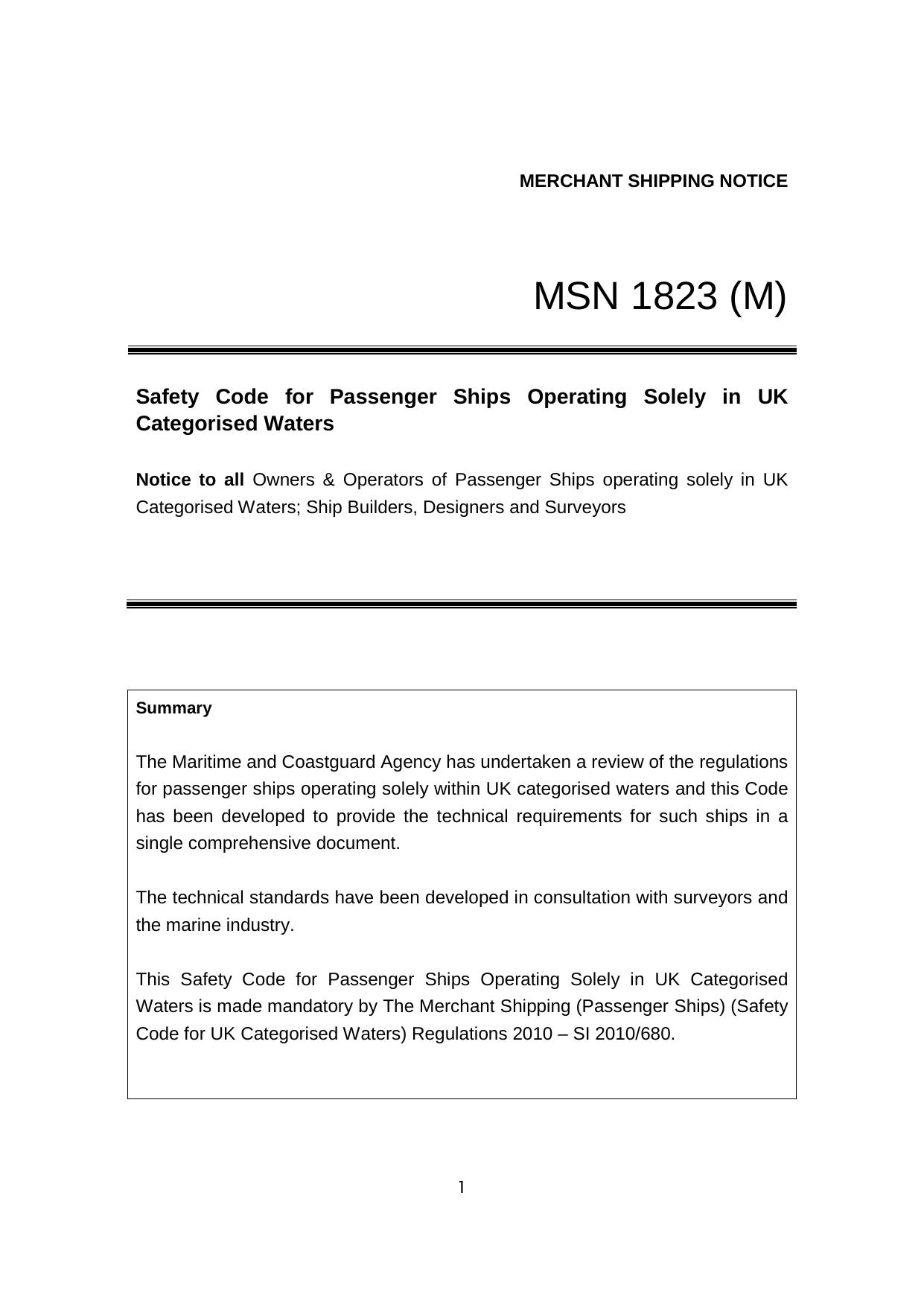 MSN 1823 (M) - Safety Code for Passenger Ships Operating Solely in UK Categorised Waters by Redistributed by Regs4ships