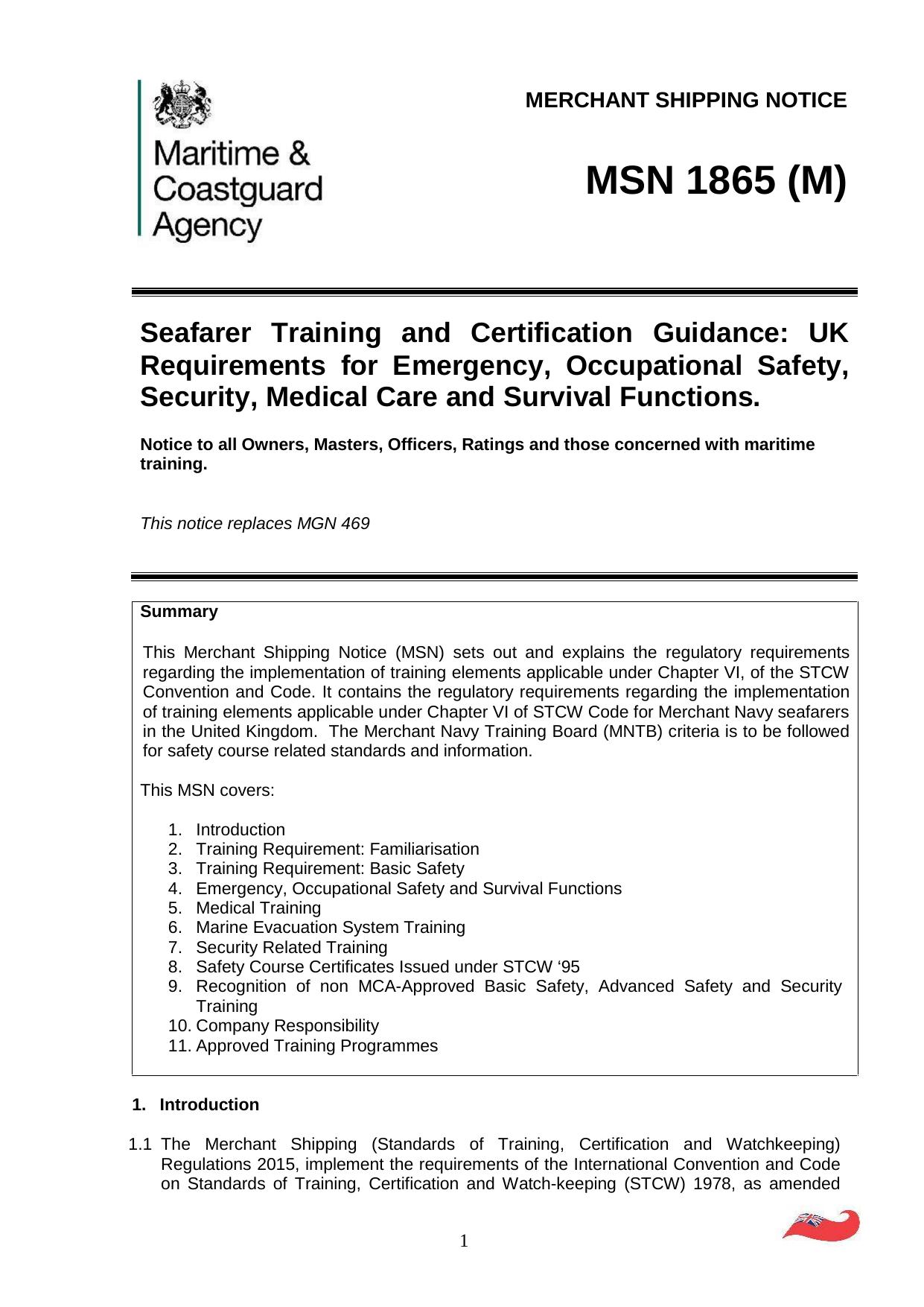 MSN 1865 (M) - UK Requirements for Emergency, Occupational Safety, Security, Medical Care and Survival Functions by Redistributed by Regs4ships Ltd