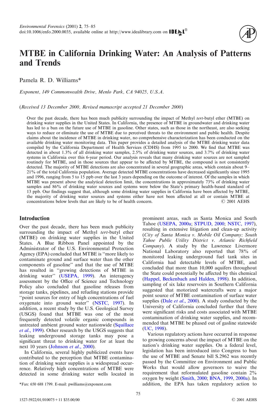 MTBE in California Drinking Water: An Analysis of Patterns and Trends by Williams P. R. D