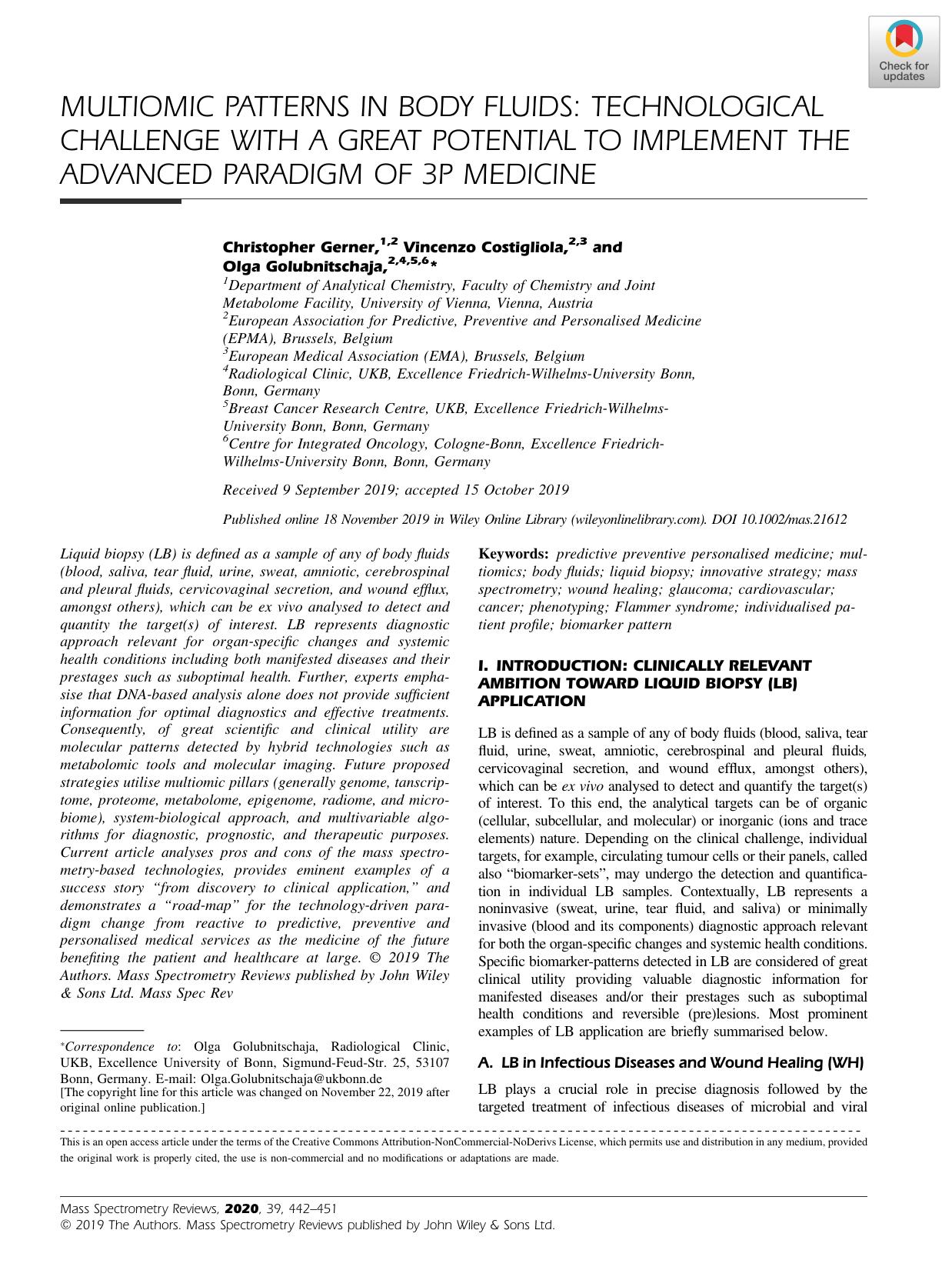 MULTIOMIC PATTERNS IN BODY FLUIDS: TECHNOLOGICAL CHALLENGE WITH A GREAT POTENTIAL TO IMPLEMENT THE ADVANCED PARADIGM OF 3P MEDICINE by Christopher Gerner
