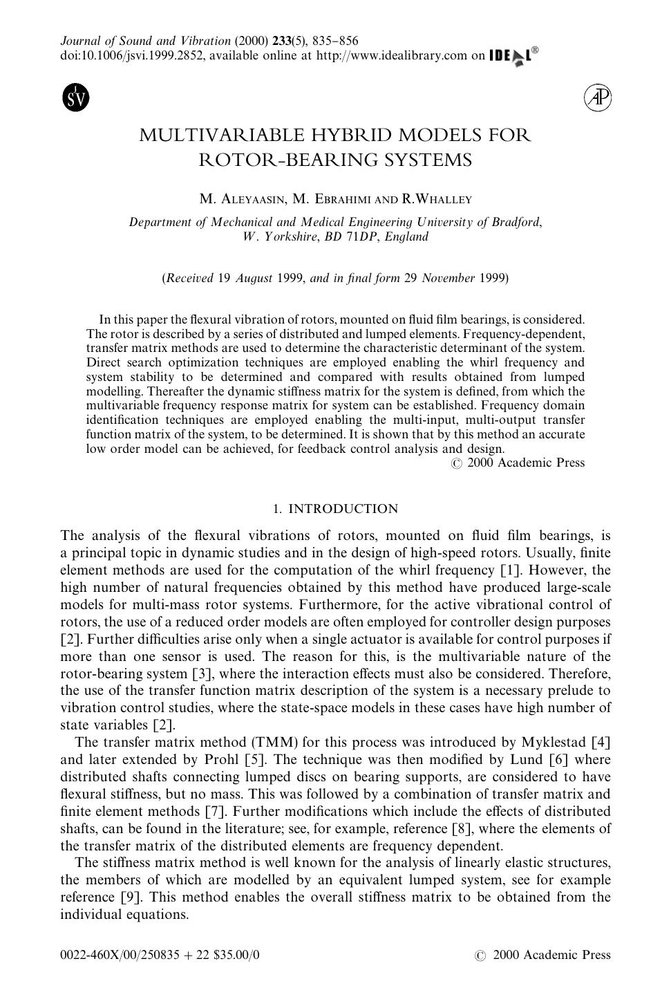 MULTIVARIABLE HYBRID MODELS FOR ROTOR-BEARING SYSTEMS by ALEYAASIN M. et al