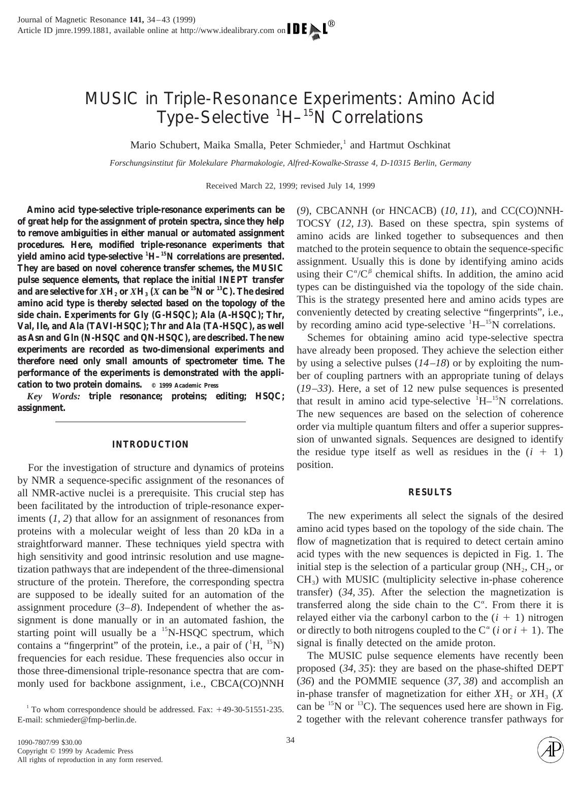 MUSIC in Triple-Resonance Experiments: Amino Acid Type-Selective 1H-15N Correlations by Schubert M. et al