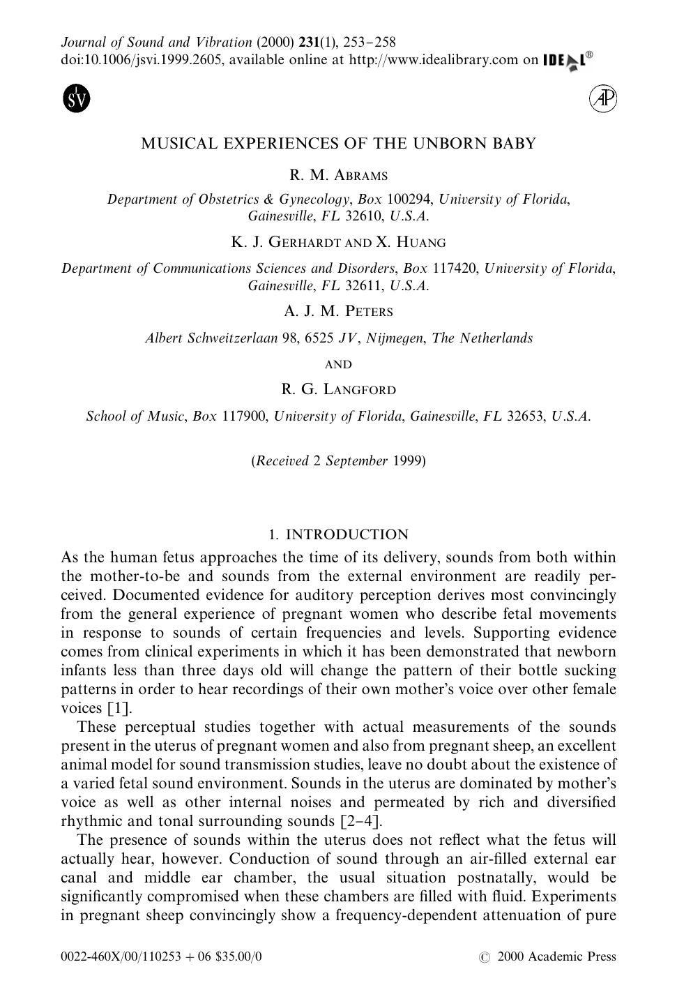 MUSICAL EXPERIENCES OF THE UNBORN BABY by ABRAMS R. M. et al