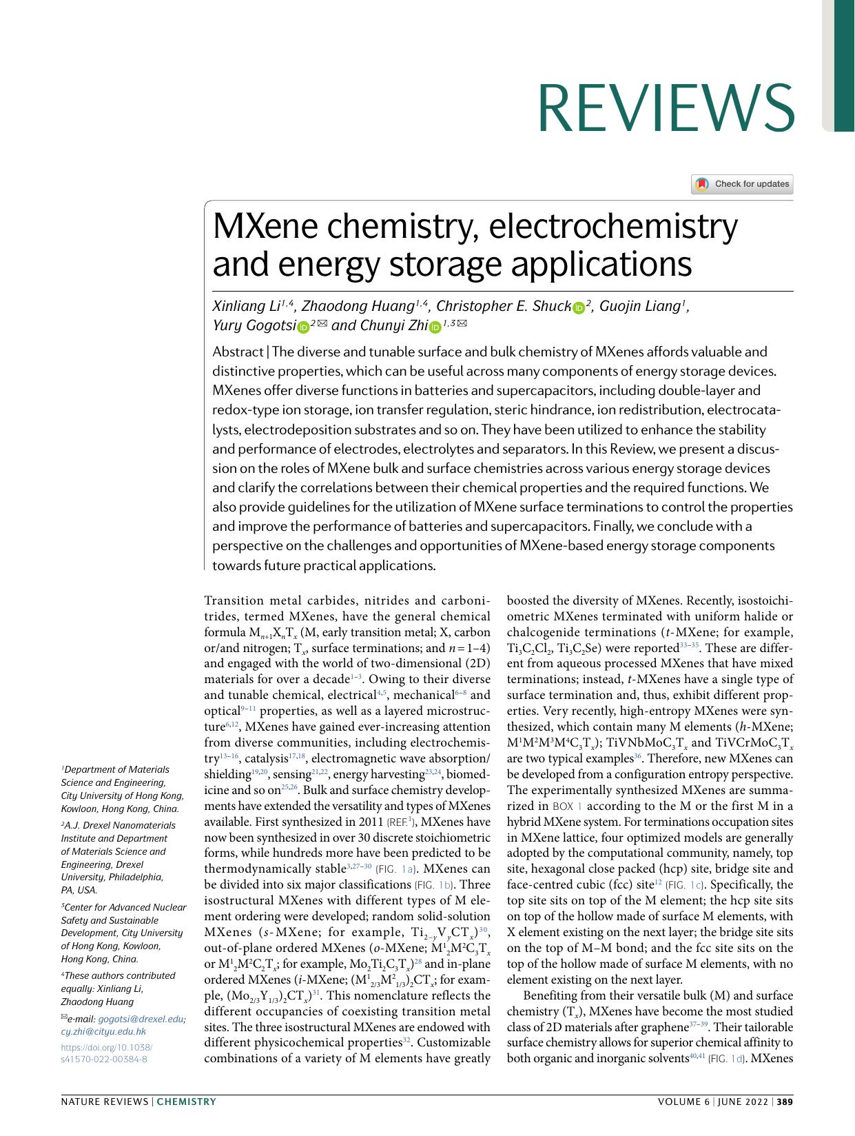 MXene chemistry, electrochemistry and energy storage applications by Xinliang Li & Zhaodong Huang & Christopher E. Shuck & Guojin Liang & Yury Gogotsi & Chunyi Zhi