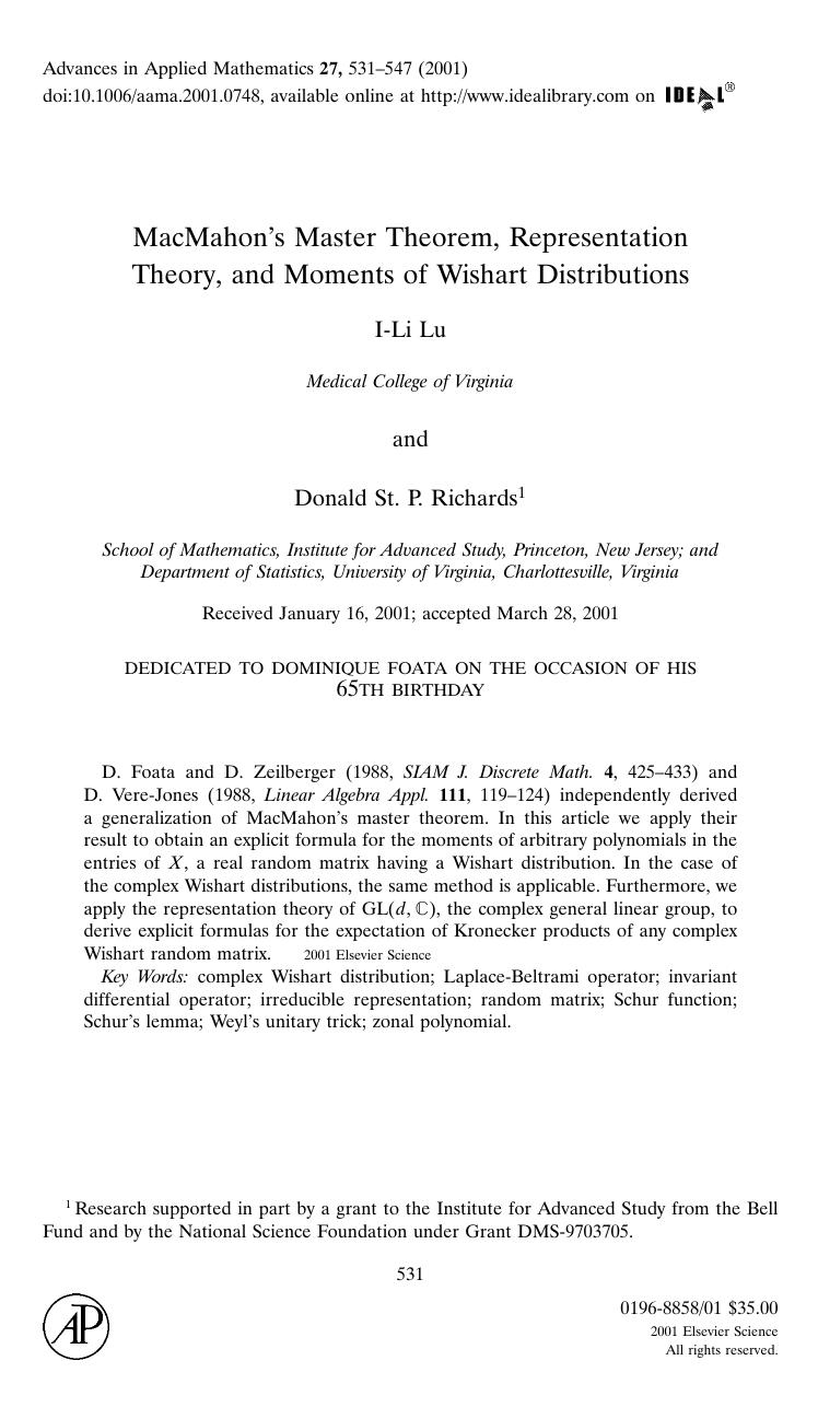 MacMahon's Master Theorem, Representation Theory, and Moments of Wishart Distributions by Lu I.-L. et al