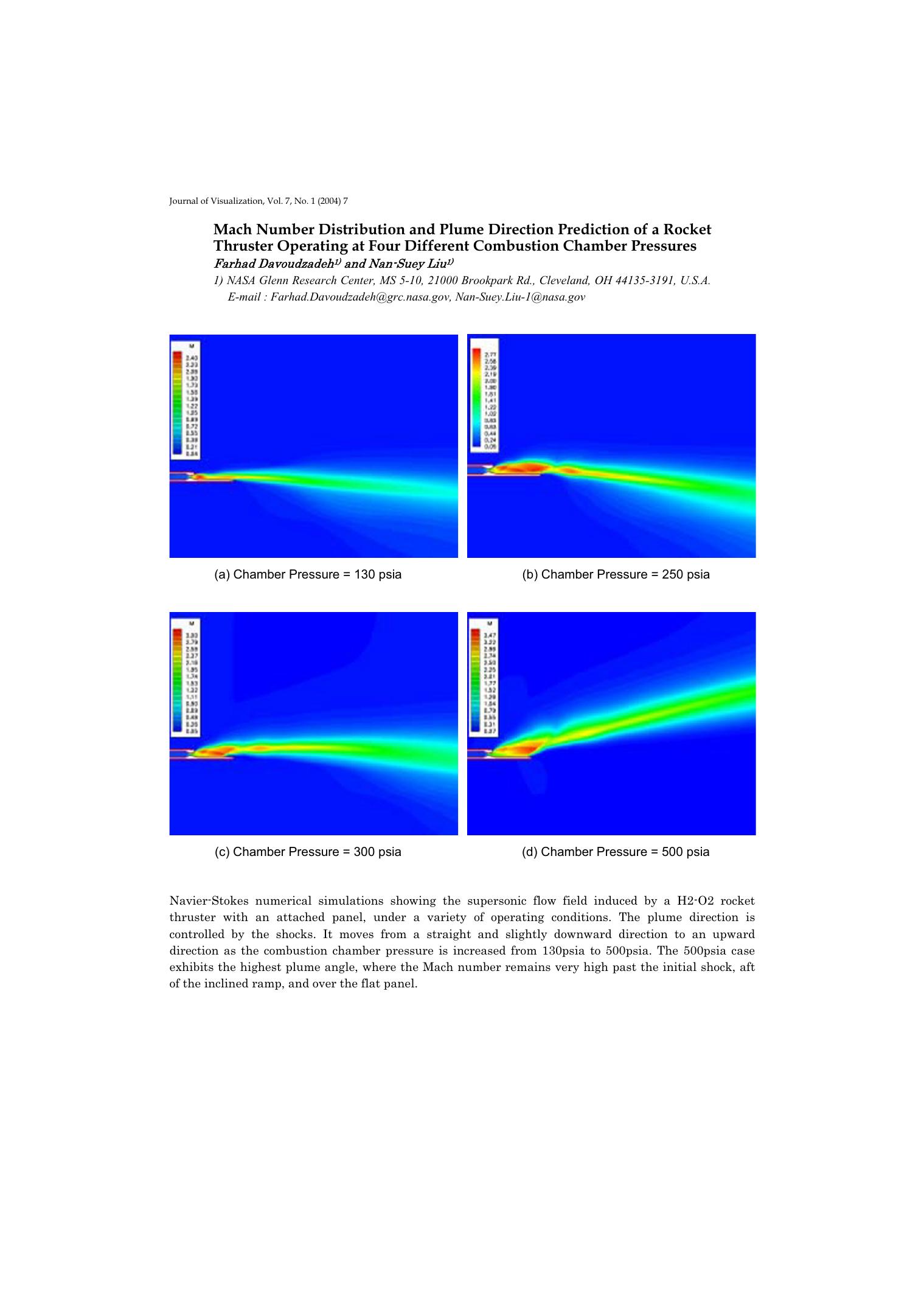 Mach number distribution and plume direction prediction of a rocket thruster operating at four different combustion chamber pressures by Unknown