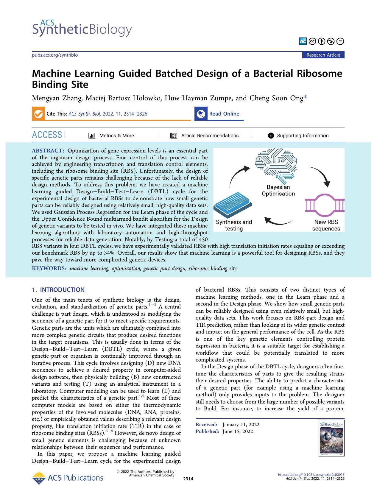 Machine Learning Guided Batched Design of a Bacterial Ribosome Binding Site by Mengyan Zhang Maciej Bartosz Holowko Huw Hayman Zumpe and Cheng Soon Ong