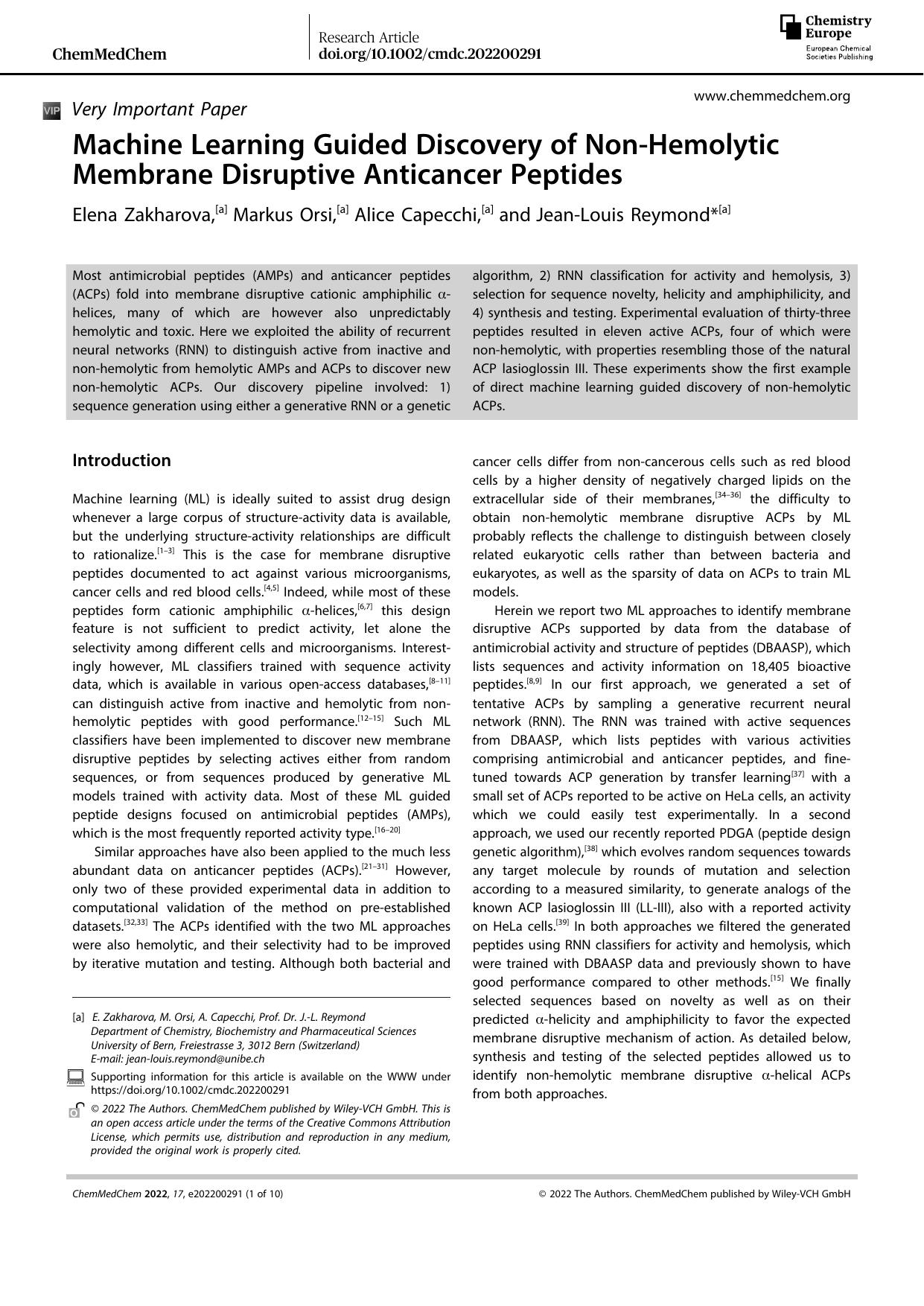 Machine Learning Guided Discovery of NonâHemolytic Membrane Disruptive Anticancer Peptides by Unknown