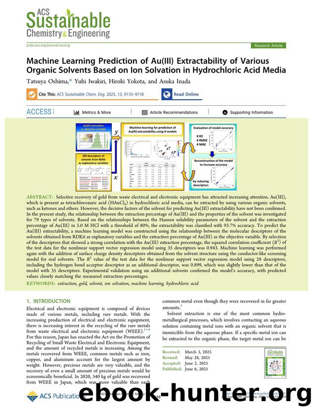 Machine Learning Prediction of Au(III) Extractability of Various Organic Solvents Based on Ion Solvation in Hydrochloric Acid Media by Tatsuya Oshima Yuhi Iwakiri Hiroki Yokota and Asuka Inada