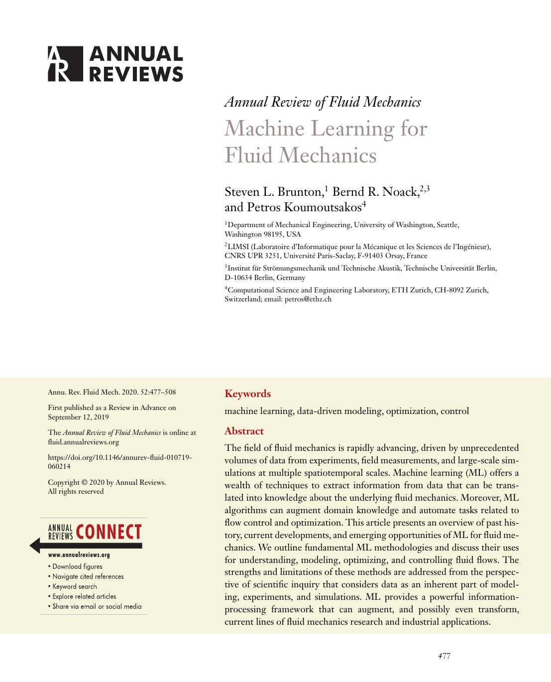 Machine Learning for Fluid Mechanics by Steven L. Brunton Bernd R. Noack Petros Koumoutsakos