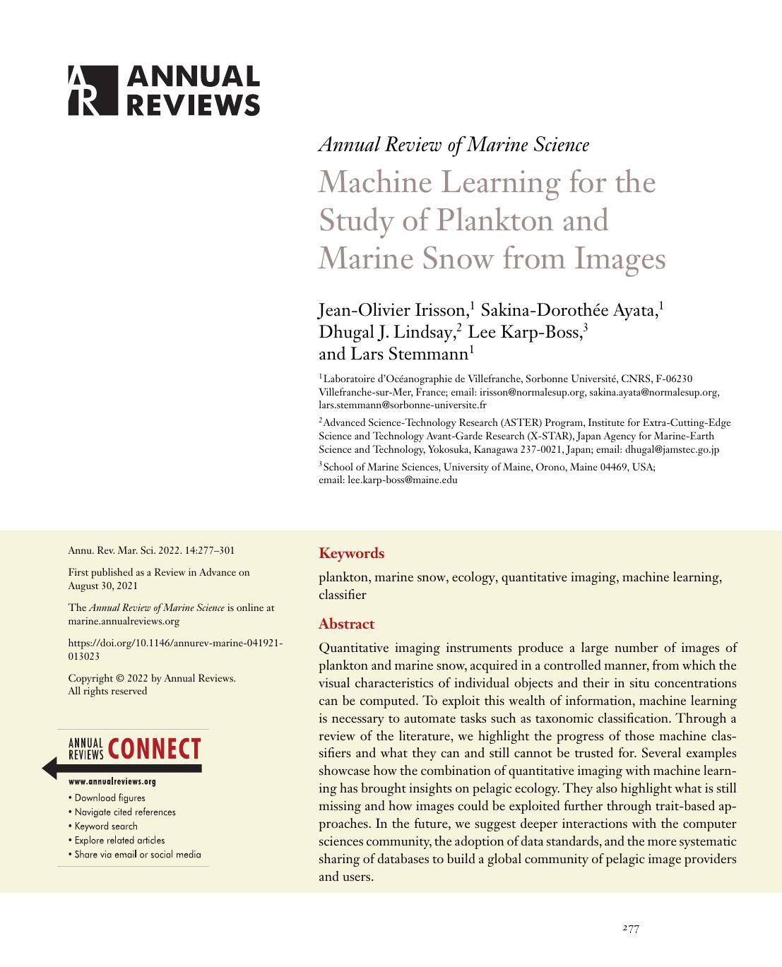 Machine Learning for the Study of Plankton and Marine Snow from Images by Jean-Olivier Irisson Sakina-Dorothée Ayata Dhugal J. Lindsay Lee Karp-Boss Lars Stemmann