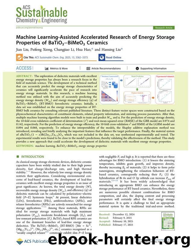 Machine Learning-Assisted Accelerated Research of Energy Storage Properties of BaTiO3âBiMeO3 Ceramics by Jian Liu Peifeng Xiong Changjiao Li Hua Hao and Hanxing Liu