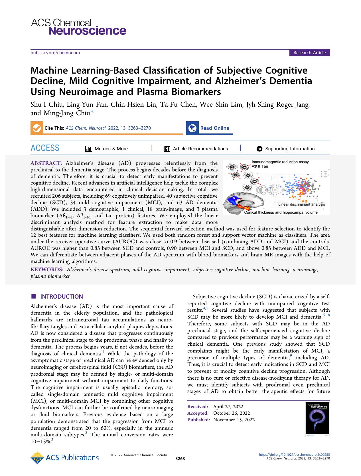 Machine Learning-Based Classification of Subjective Cognitive Decline, Mild Cognitive Impairment, and Alzheimerâs Dementia Using Neuroimage and Plasma Biomarkers by unknow