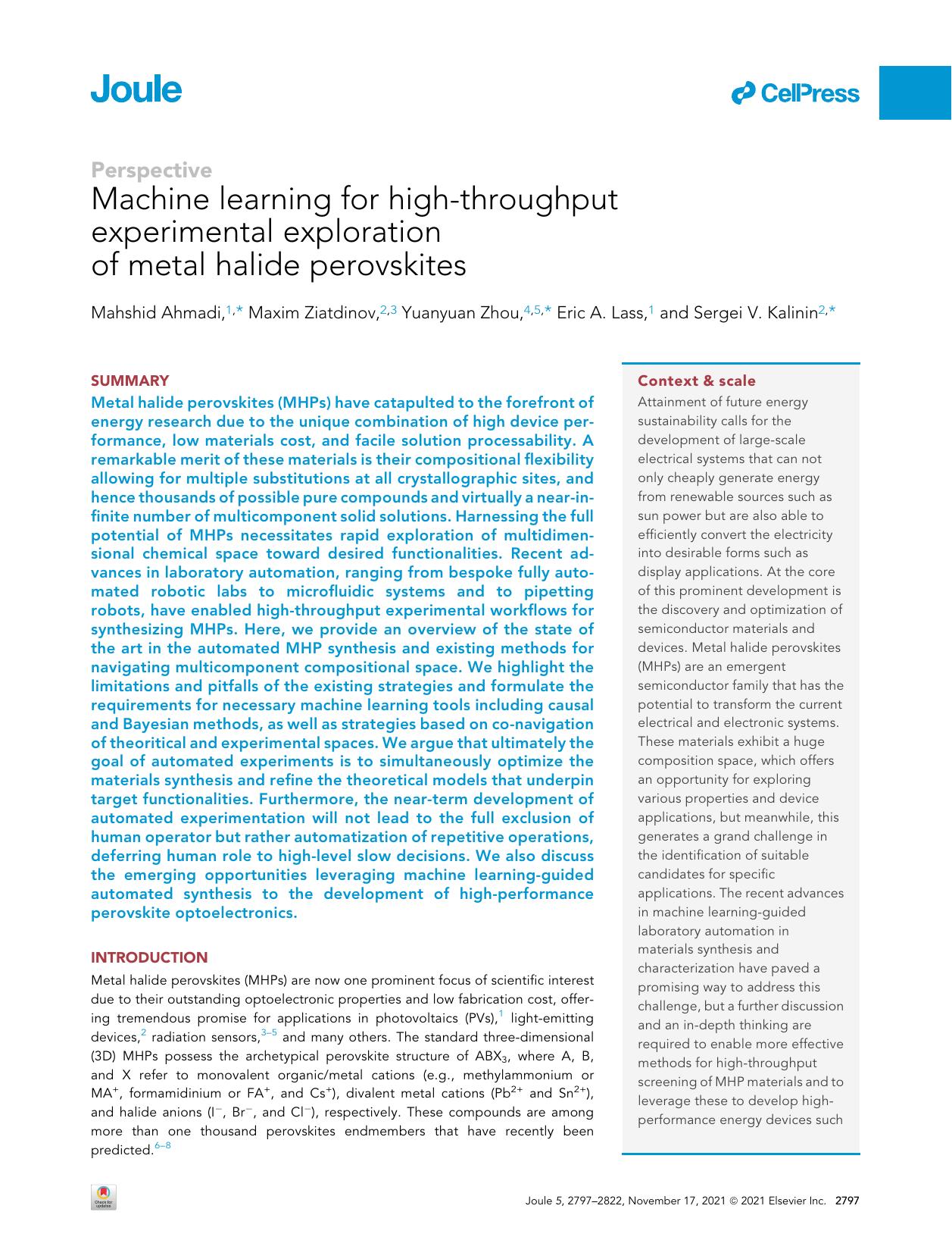 Machine learning for high-throughput experimental exploration of metal halide perovskites by Mahshid Ahmadi & Maxim Ziatdinov & Yuanyuan Zhou & Eric A. Lass & Sergei V. Kalinin