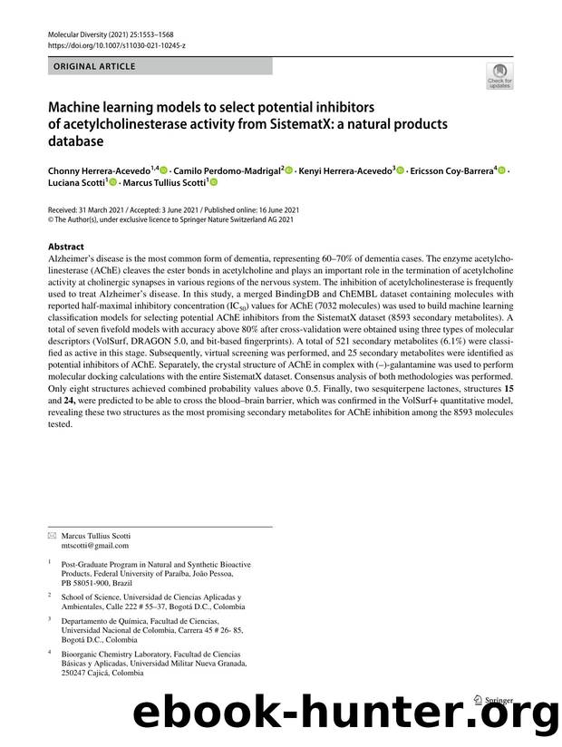 Machine learning models to select potential inhibitors of acetylcholinesterase activity from SistematX: a natural products database by unknow