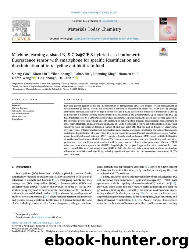 Machine learning-assisted N, S-CDs@ZIF-8 hybrid-based ratiometric fluorescence sensor with smartphone for specific identification and discrimination of tetracycline antibiotics in food by unknow