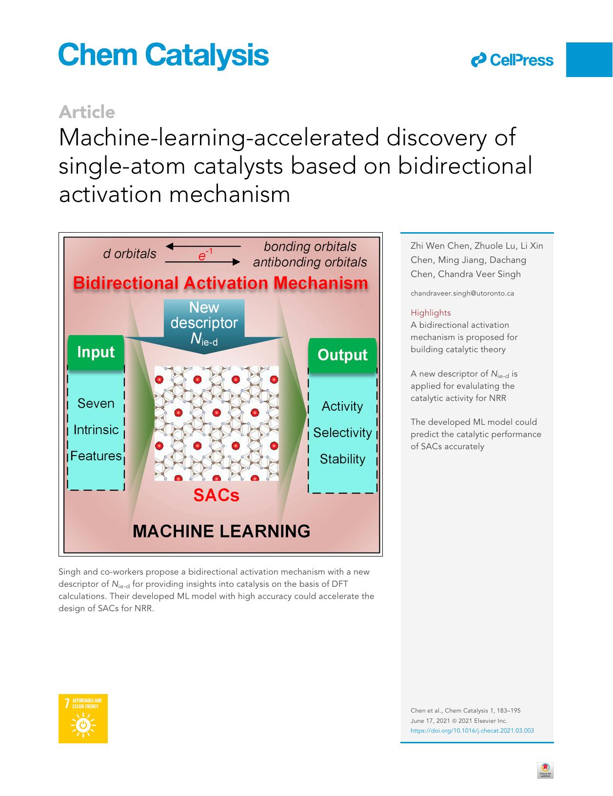 Machine-learning-accelerated discovery of single-atom catalysts based on bidirectional activation mechanism by Zhi Wen Chen & Zhuole Lu & Li Xin Chen & Ming Jiang & Dachang Chen & Chandra Veer Singh