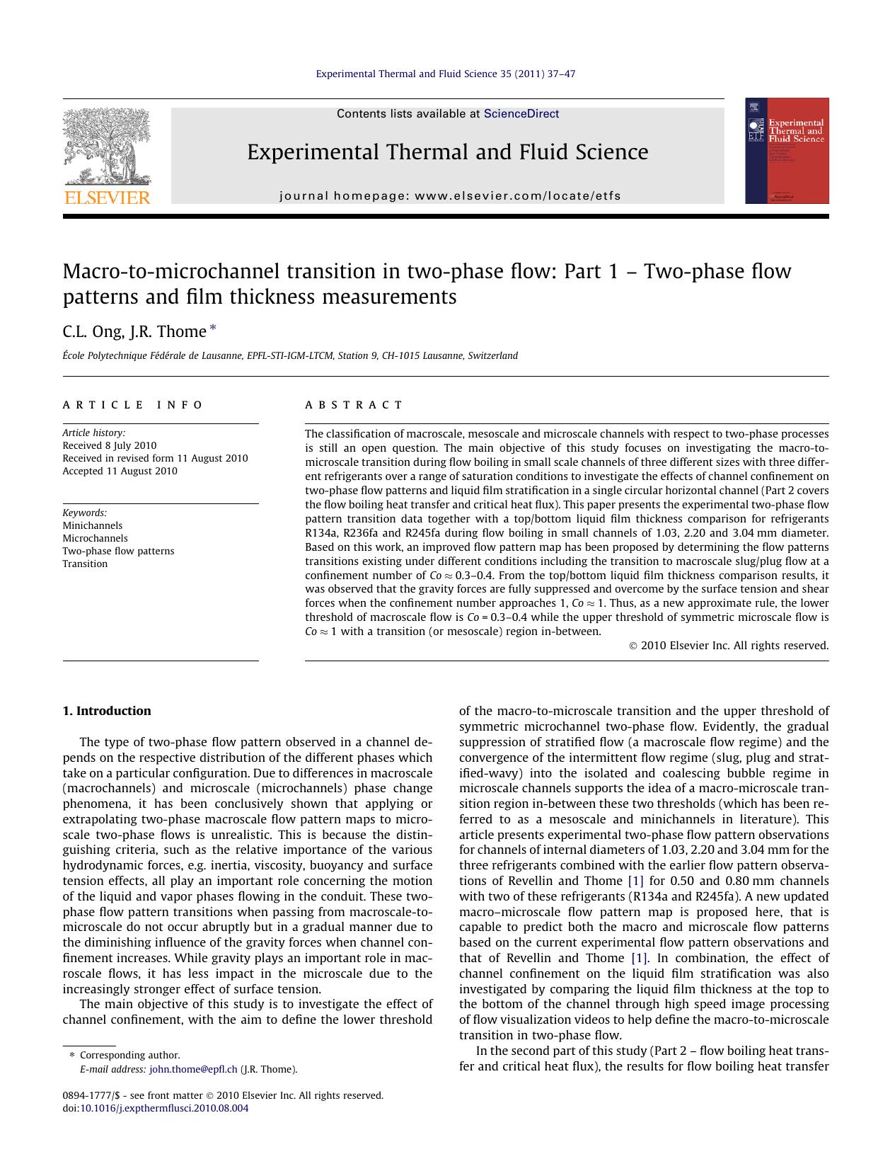 Macro-to-microchannel transition in two-phase flow: Part 1 Ã¢â¬â Two-phase flow patterns and film thickness measurements by C.L. Ong & J.R. Thome
