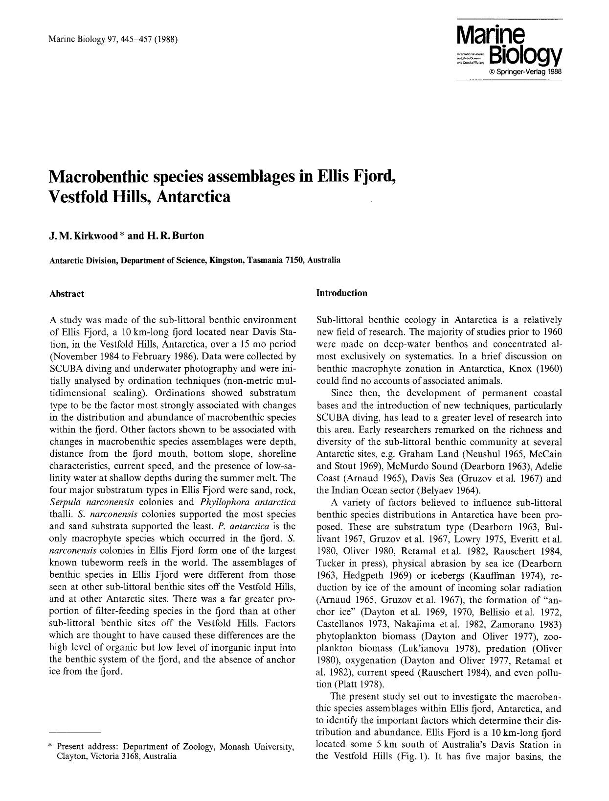 Macrobenthic species assemblages in Ellis Fjord, Vestfold Hills, Antarctica by Unknown
