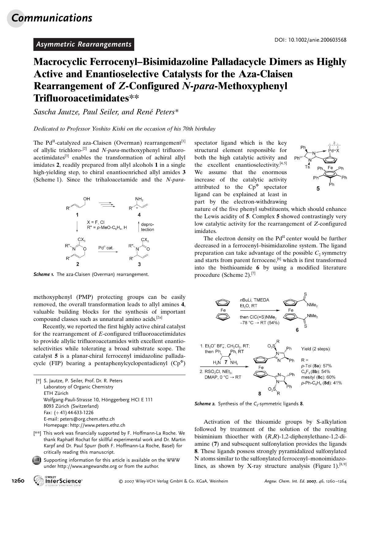Macrocyclic Ferrocenyl-Bisimidazoline Palladacycle Dimers as Highly Active and Enantioselective Catalysts for the Aza-Claisen Rearrangement of Z-Configured N-para-Methoxyphenyl Trifluoroacetimidates by Unknown