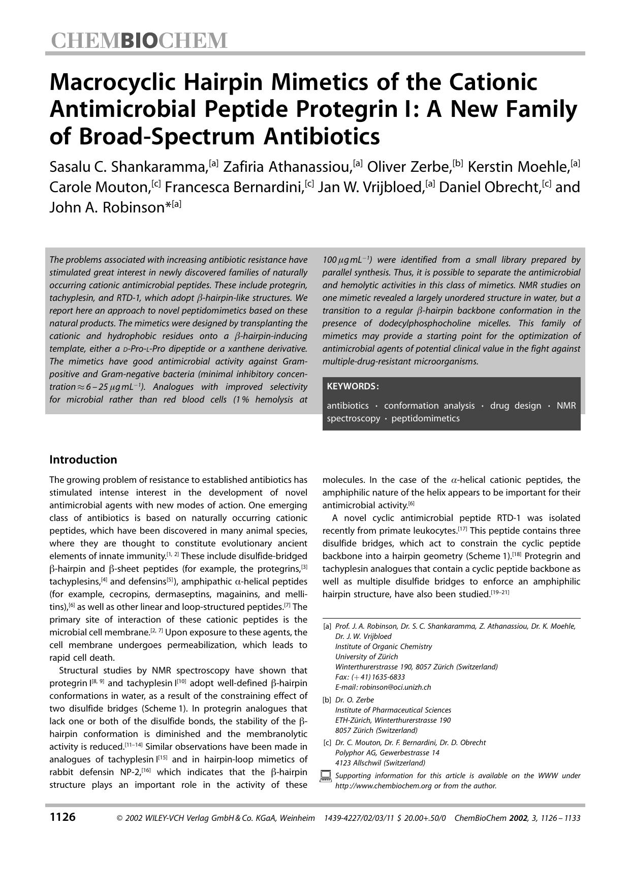 Macrocyclic Hairpin Mimetics of the Cationic Antimicrobial Peptide Protegrin I: A New Family of Broad-Spectrum Antibiotics by Unknown