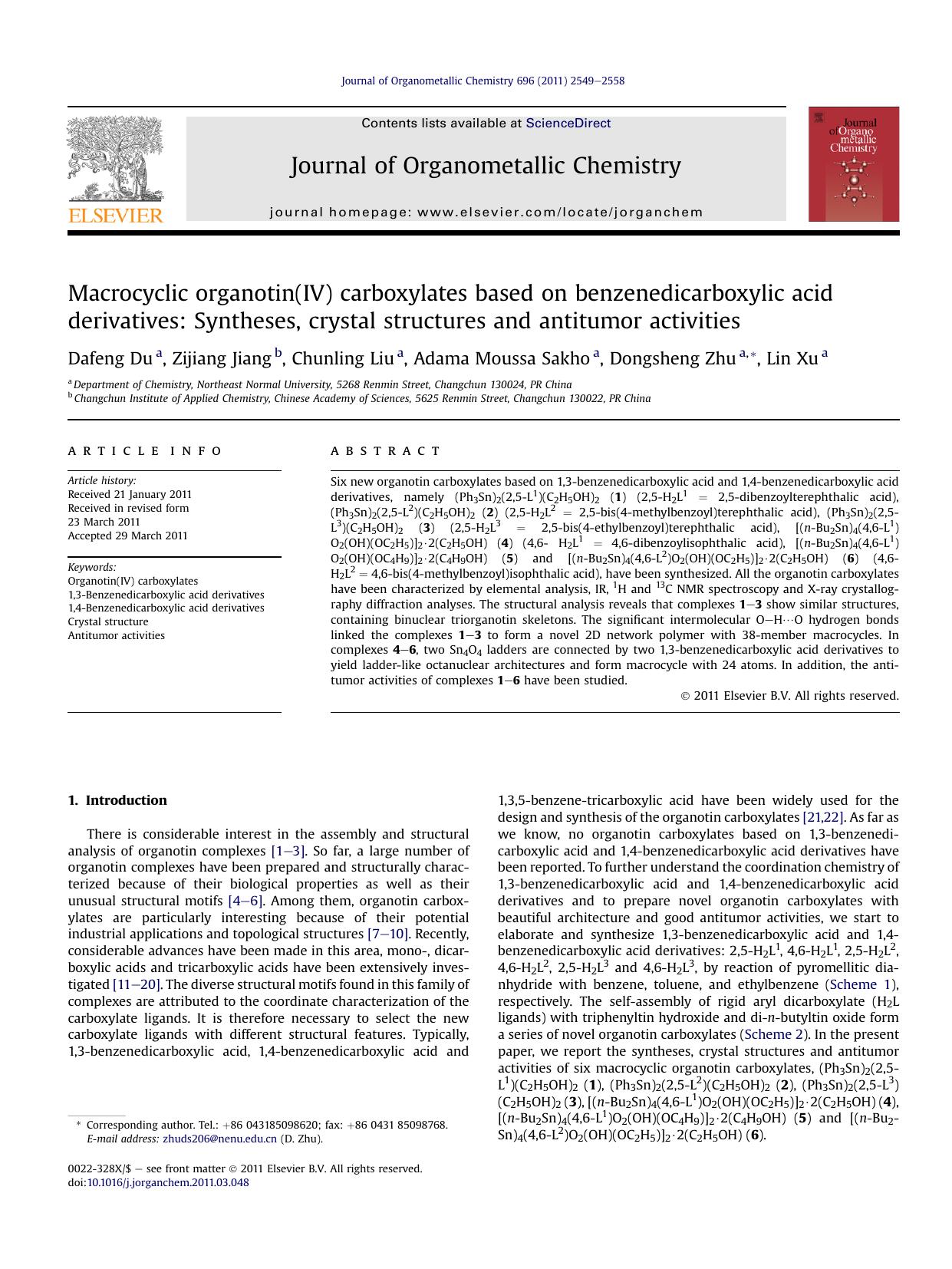 Macrocyclic organotin(IV) carboxylates based on benzenedicarboxylic acid derivatives: Syntheses, crystal structures and antitumor activities by Dafeng Du & Zijiang Jiang & Chunling Liu & Adama Moussa Sakho & Dongsheng Zhu & Lin Xu