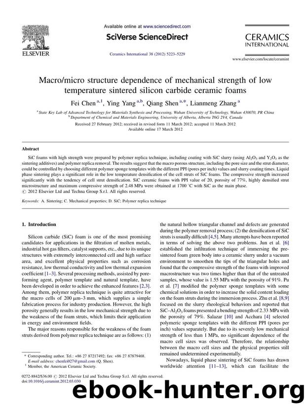 Macromicro structure dependence of mechanical strength of low temperature sintered silicon carbide ceramic foams by Fei Chen