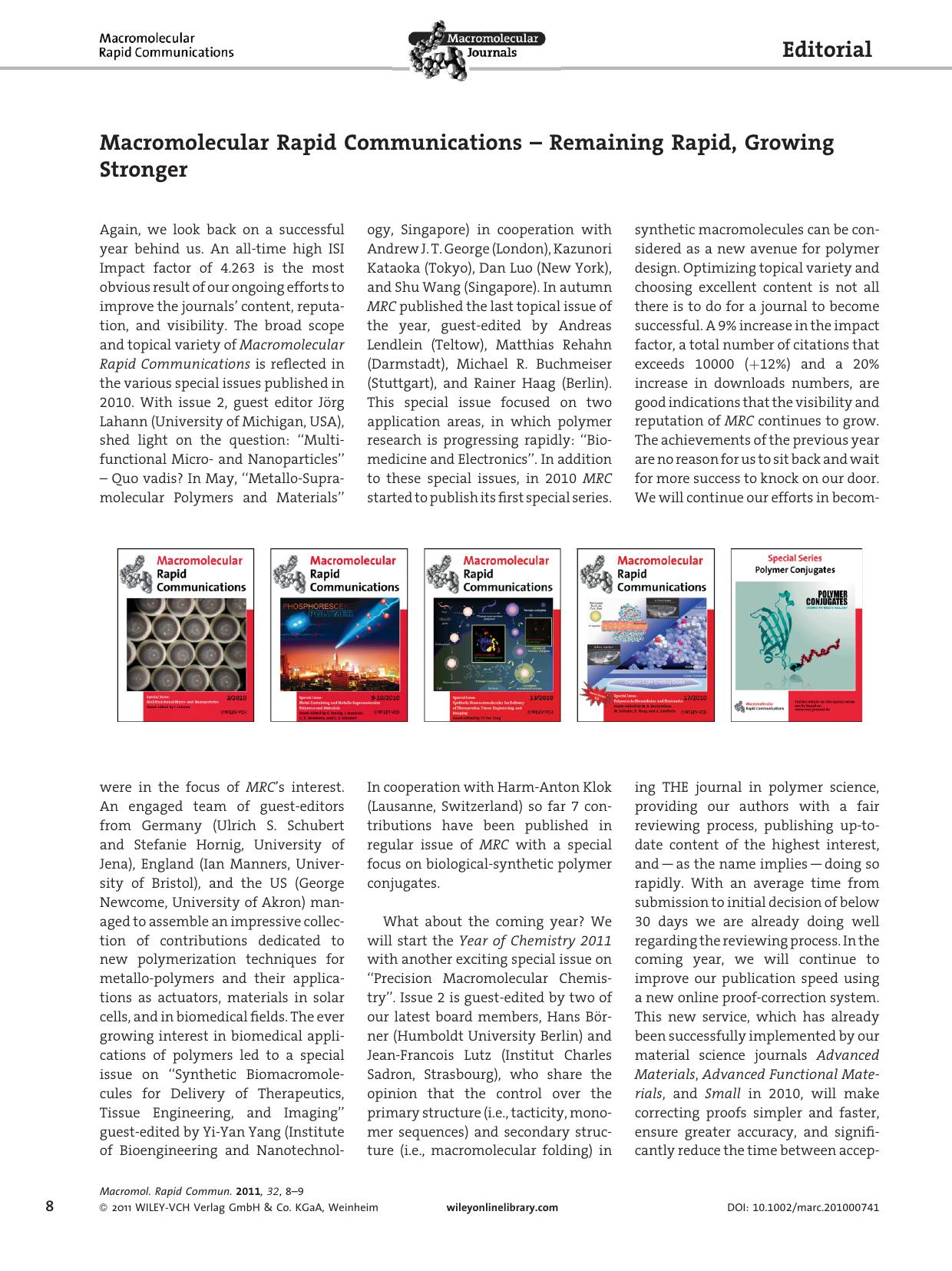 Macromolecular Rapid Communications Remaining Rapid, Growing Stronger by Unknown