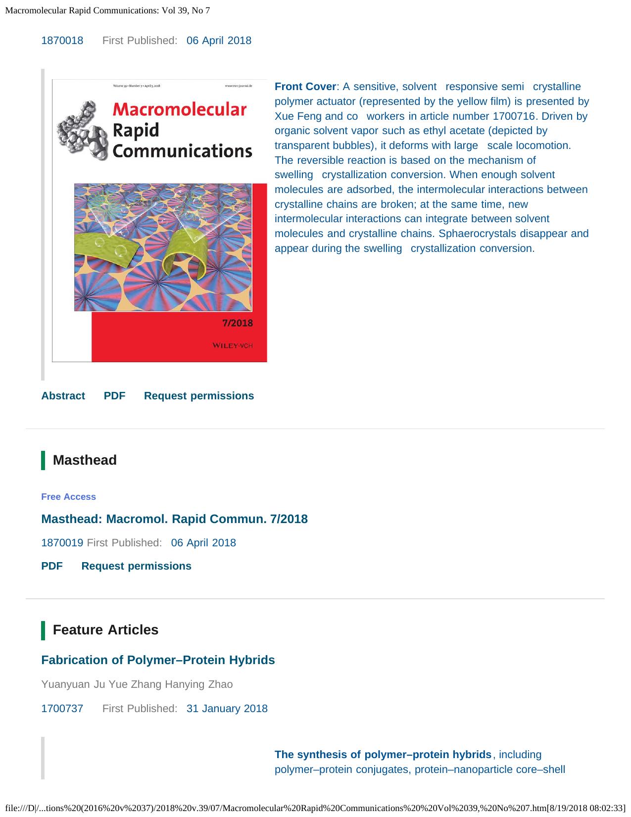Macromolecular Rapid Communications: Vol 39, No 7 by Unknown