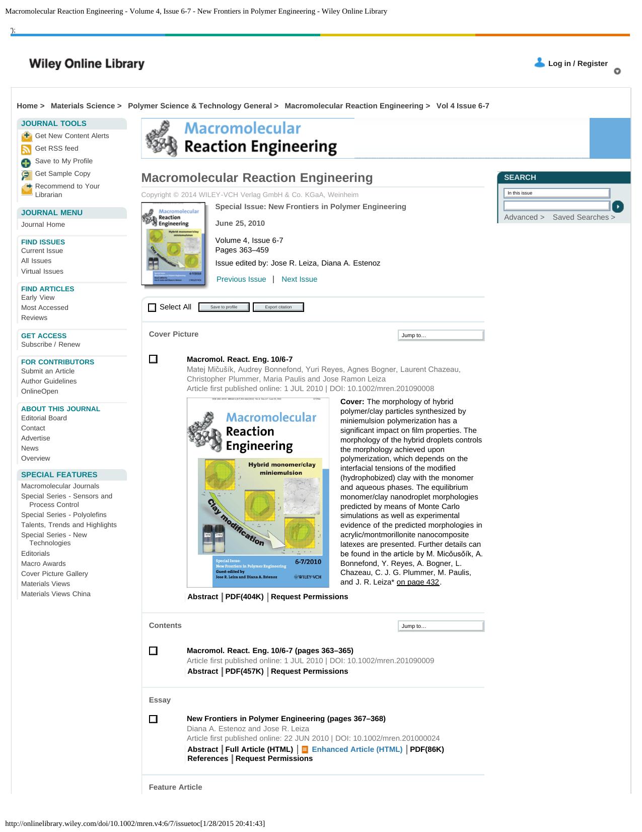 Macromolecular Reaction Engineering - Volume 4, Issue 6-7 - New Frontiers in Polymer Engineering - Wiley Online Library by New Frontiers in Pol