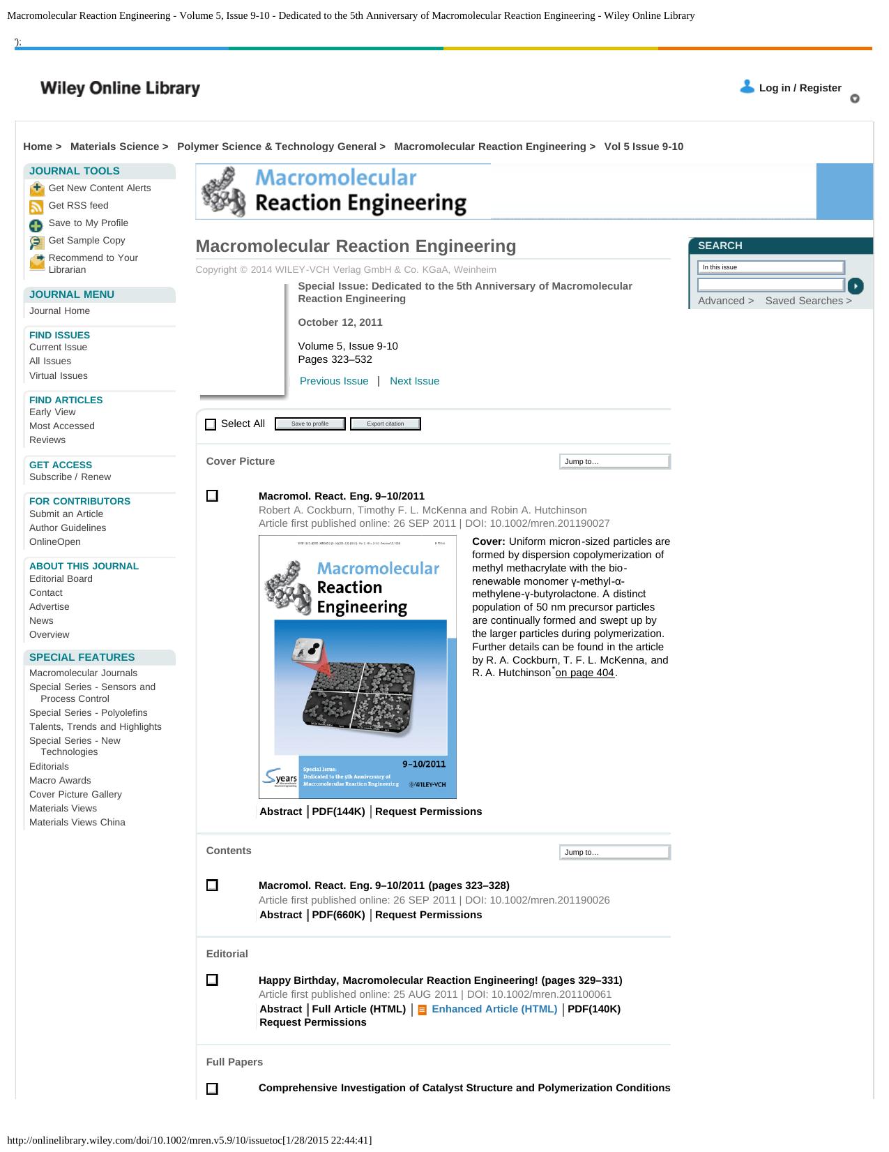 Macromolecular Reaction Engineering - Volume 5, Issue 9-10 - Dedicated to the 5th Anniversary of Macromolecular Reaction Engineering - Wiley Online Library by Dedicated to the 5t