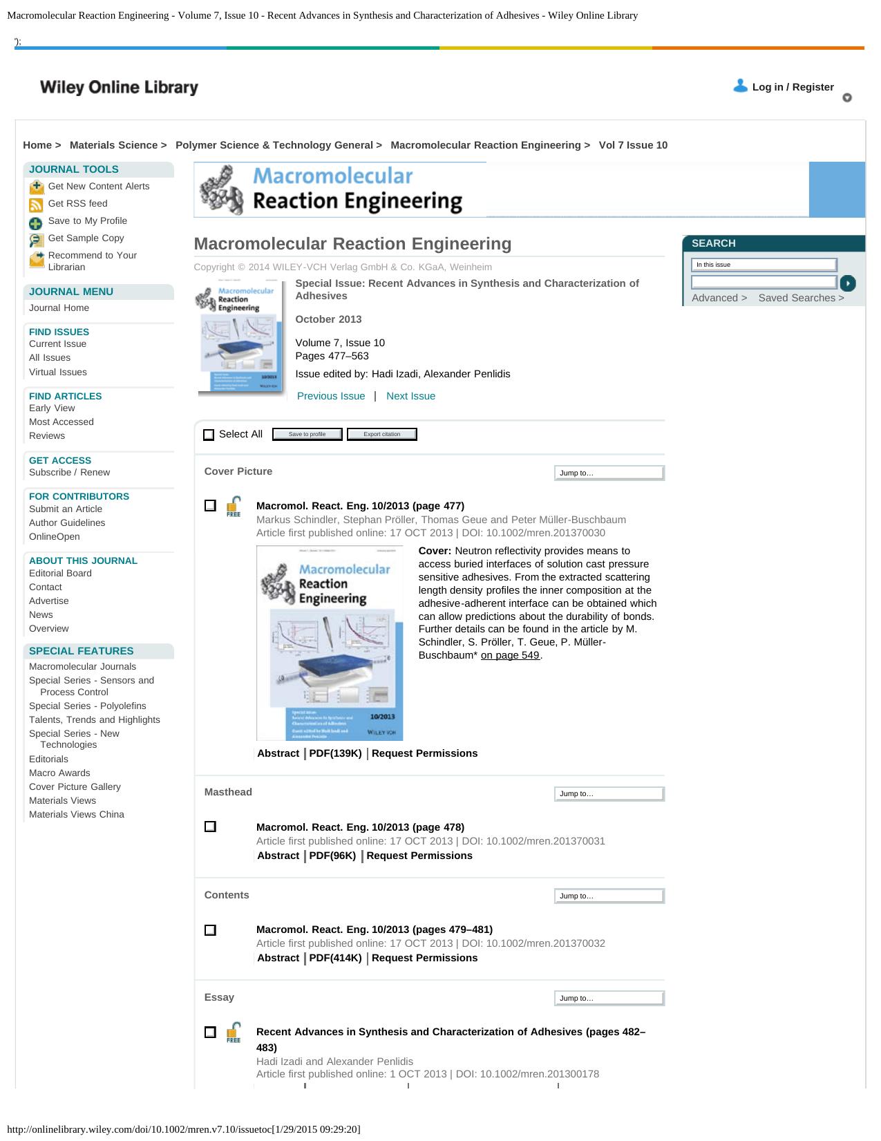 Macromolecular Reaction Engineering - Volume 7, Issue 10 - Recent Advances in Synthesis and Characterization of Adhesives - Wiley Online Library by Recent Advances in Sy