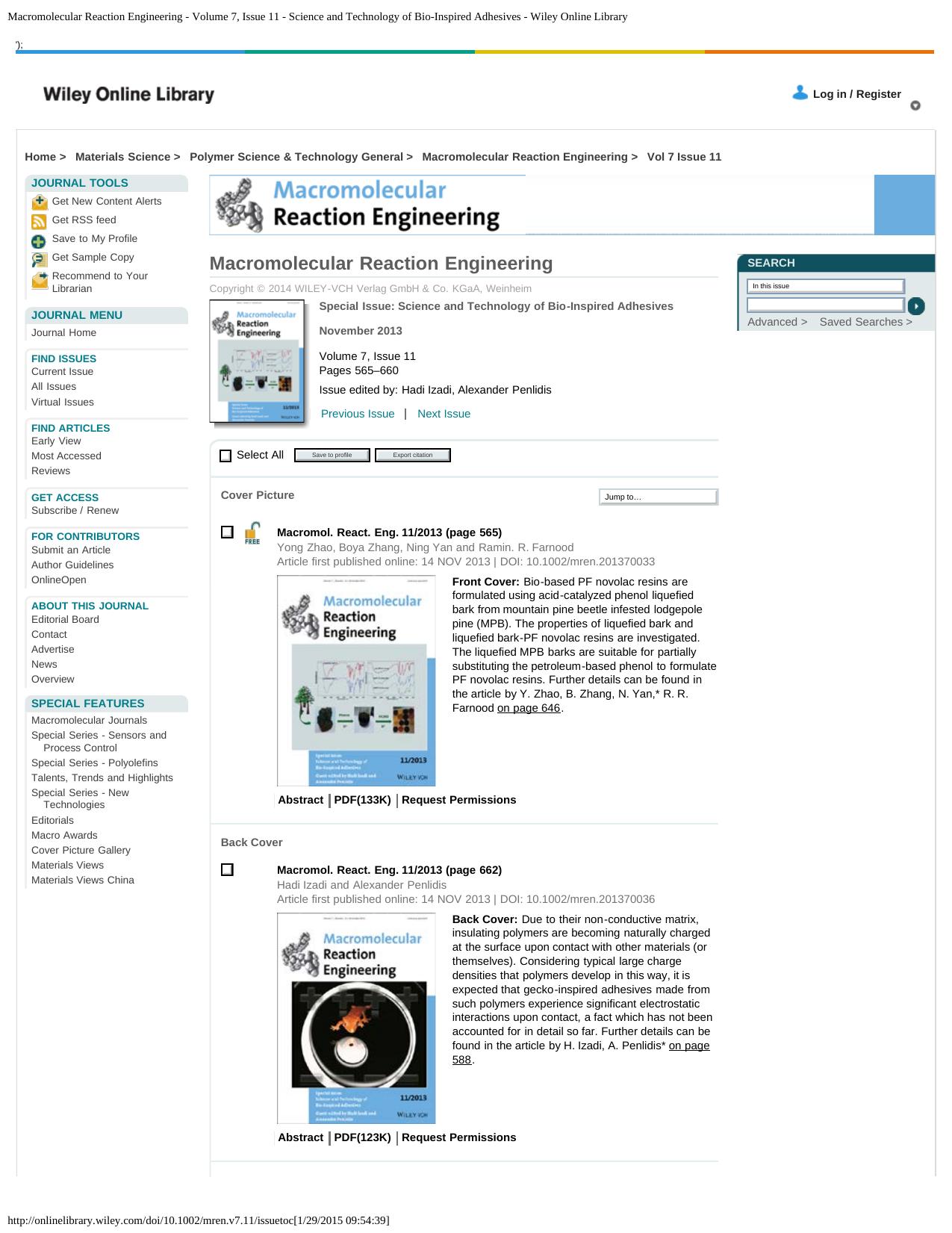 Macromolecular Reaction Engineering - Volume 7, Issue 11 - Science and Technology of Bio-Inspired Adhesives - Wiley Online Library by Science & Technolog