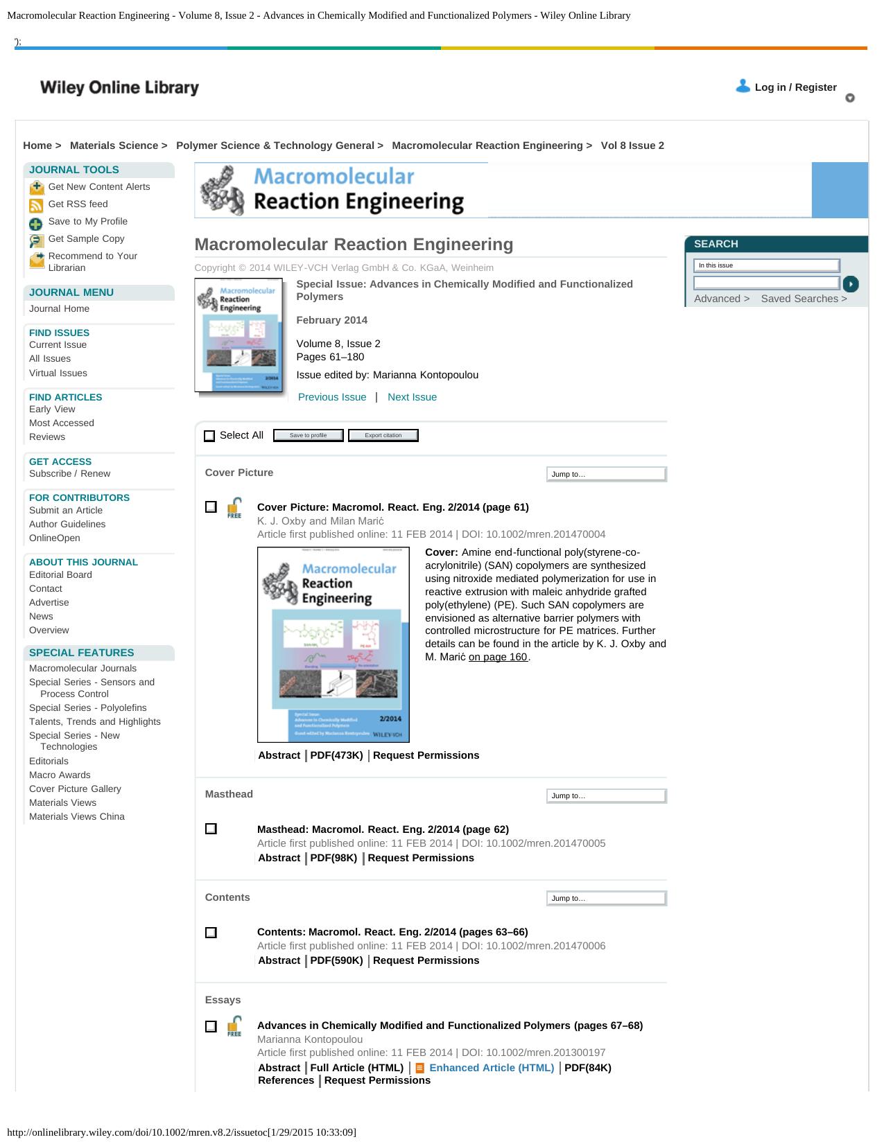 Macromolecular Reaction Engineering - Volume 8, Issue 2 - Advances in Chemically Modified and Functionalized Polymers - Wiley Online Library by Advances in Chemically