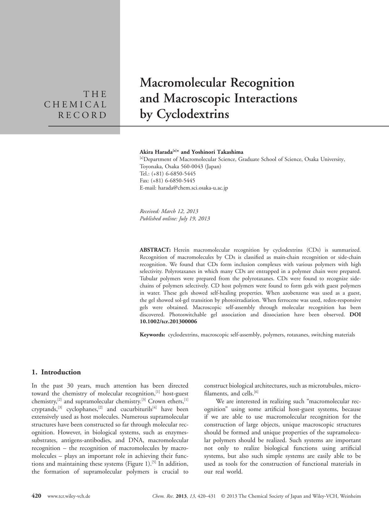 Macromolecular Recognition and Macroscopic Interactions by Cyclodextrins by Unknown