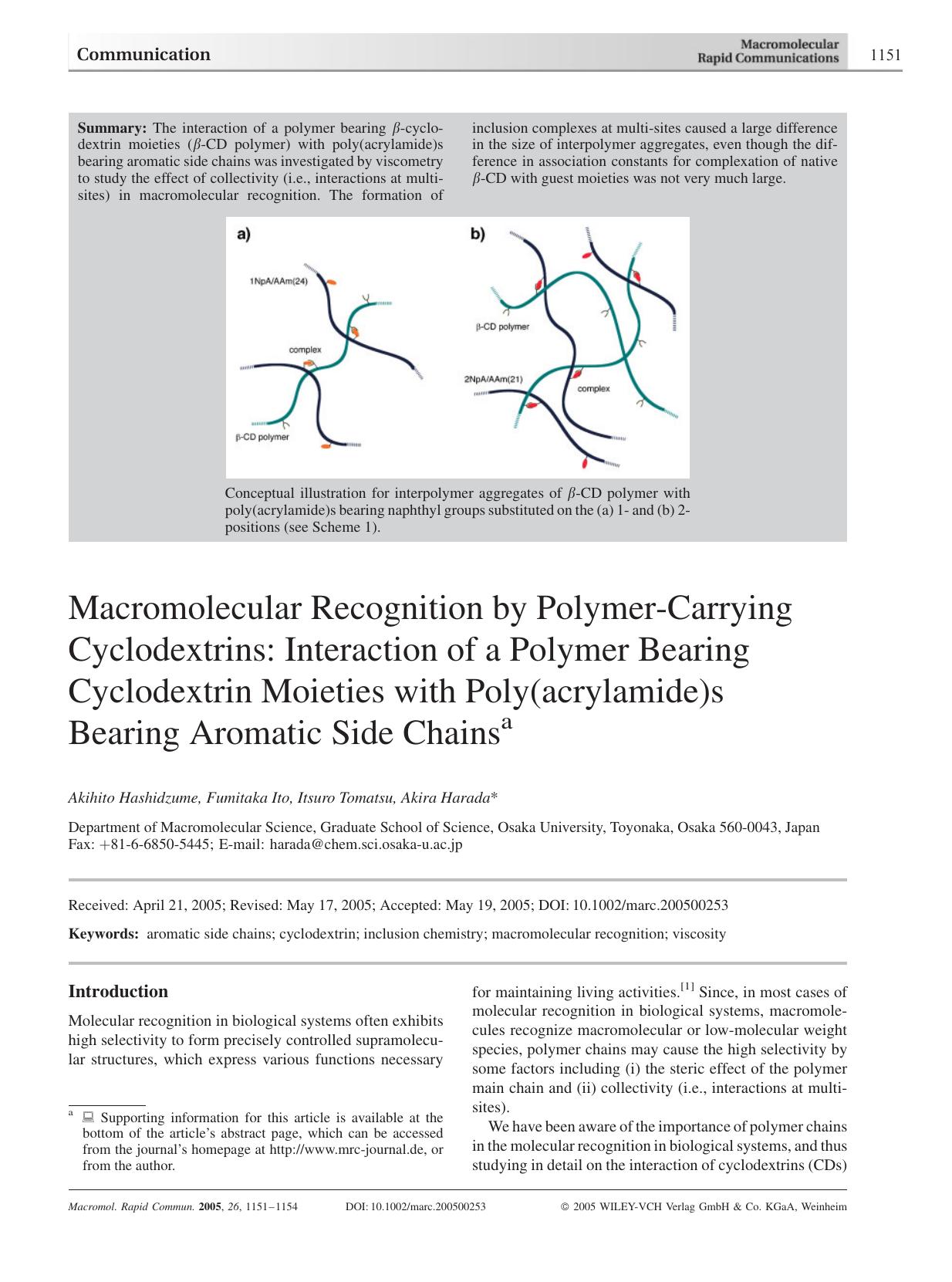 Macromolecular Recognition by Polymer-Carrying Cyclodextrins: Interaction of a Polymer Bearing Cyclodextrin Moieties with Poly(acrylamide)s Bearing Aromatic Side Chains by Unknown