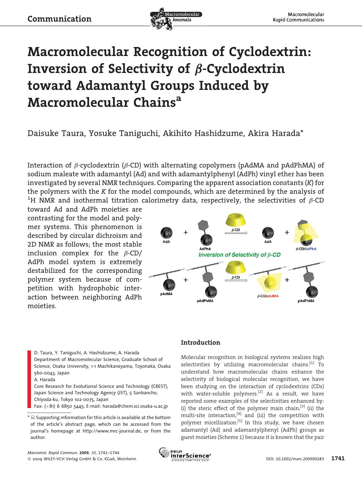 Macromolecular Recognition of Cyclodextrin: Inversion of Selectivity of [beta]-Cyclodextrin toward Adamantyl Groups Induced by Macromolecular Chains by Unknown