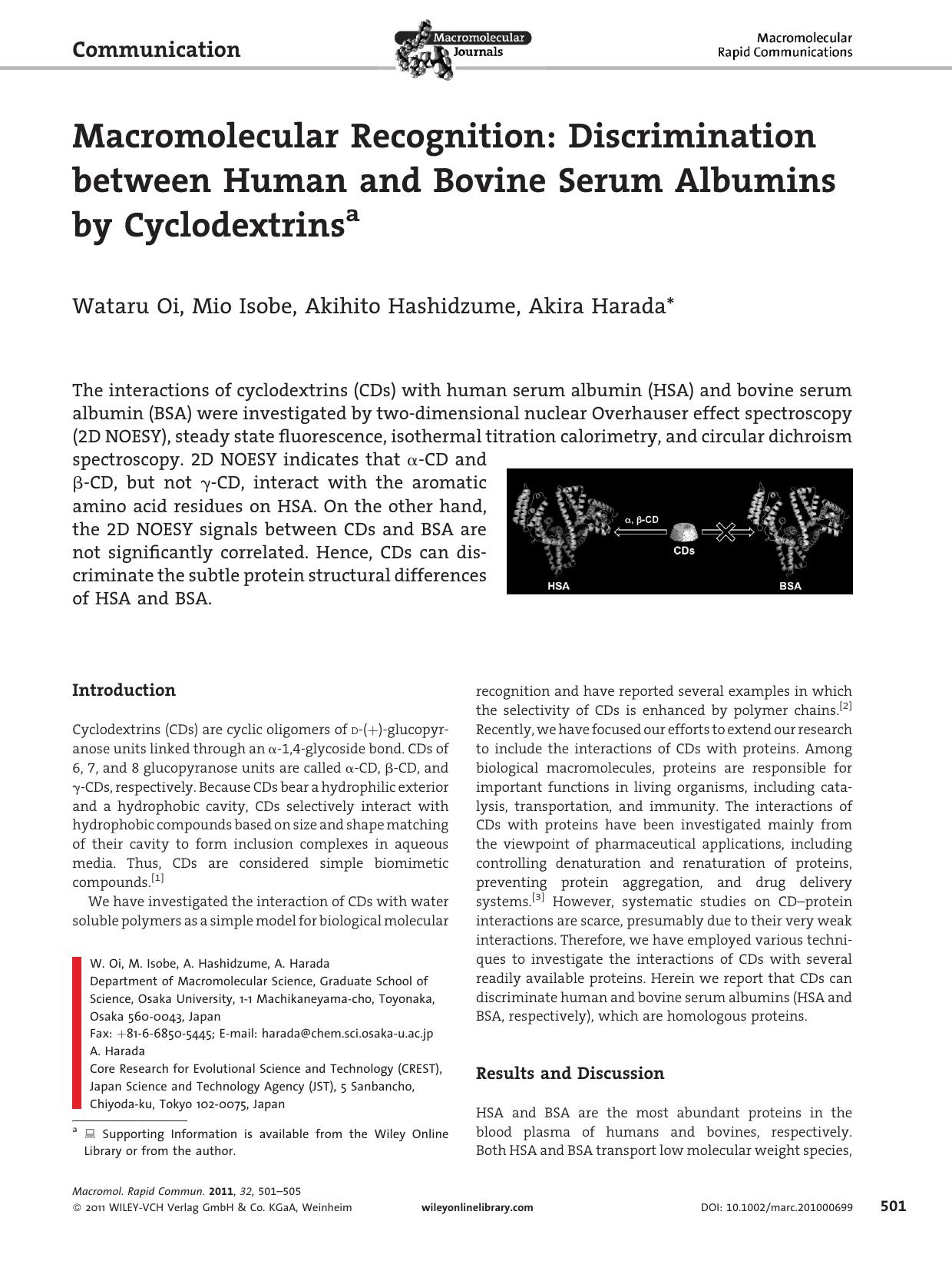 Macromolecular Recognition: Discrimination between Human and Bovine Serum Albumins by Cyclodextrins by Unknown