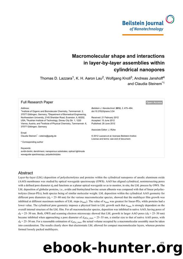 Macromolecular shape and interactions in layer-by-layer assemblies within cylindrical nanopores by Thomas D. Lazzara K. H. Aaron Lau Wolfgang Knoll Andreas Janshoff Claudia Steinem